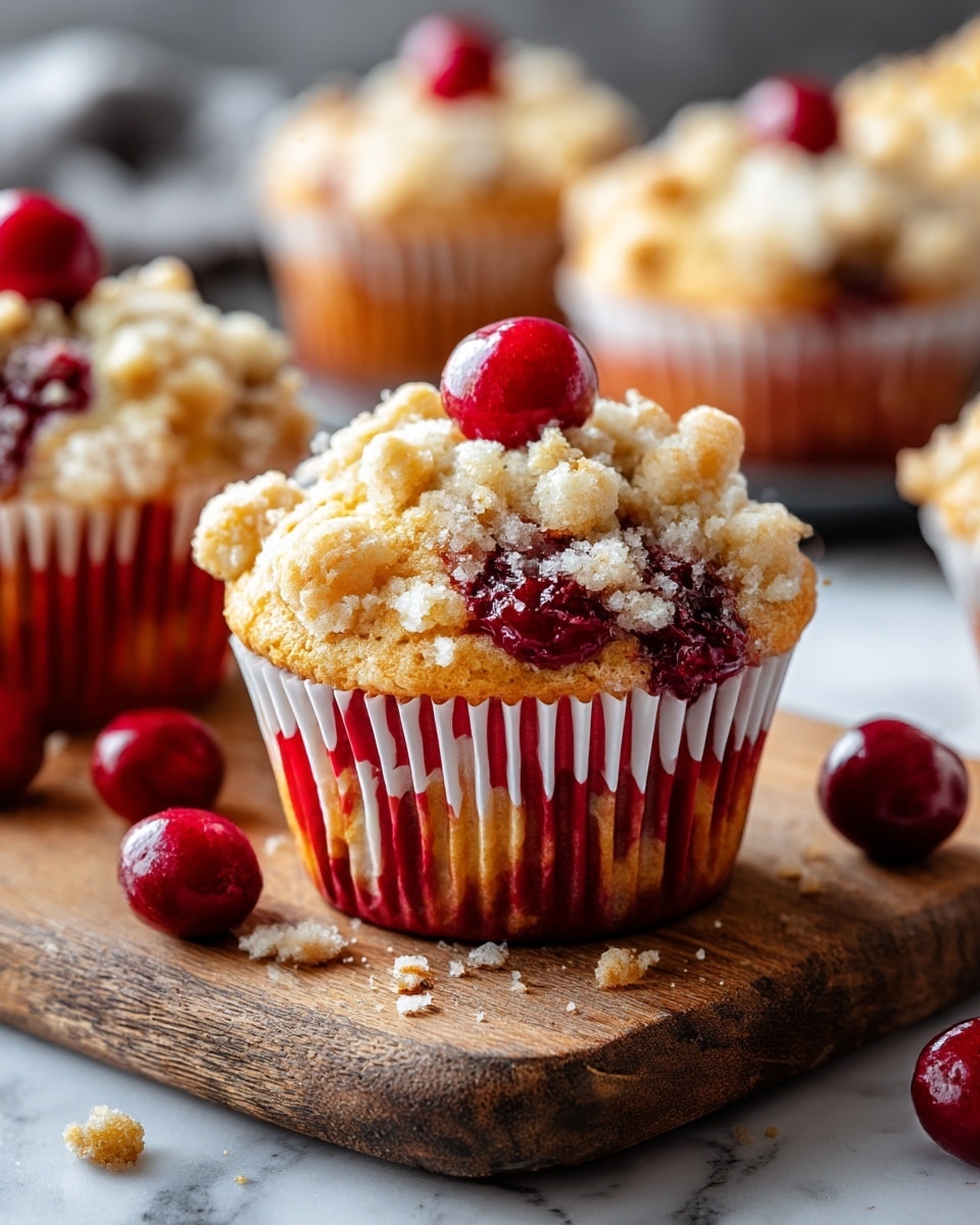 A close-up of a single muffin with three layers, placed on a rough wooden board over a white marbled surface. The bottom layer is the red and white pleated paper cup holding the muffin. On top of that is the soft, crumbly muffin with a golden-brown texture, slightly raised with a bumpy surface. The muffin has a thick layer of streusel crumb mixed with red berry jam at the center. On the very top sits a shiny whole red cherry. Around the muffin are a few whole red cherries and some loose crumbs, with other muffins blurred in the background. Photo taken with an iphone --ar 4:5 --v 7