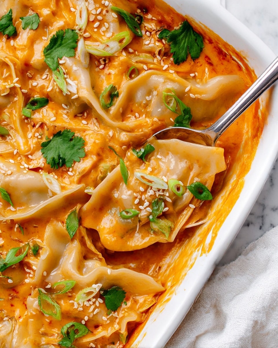 This close-up shows a white baking dish filled with three layers of soft, folded dumplings covered in a thick, creamy orange sauce. The dumplings are slightly browned at the edges, with some green bits of chopped scallions and fresh cilantro leaves scattered on top. White sesame seeds are sprinkled across the dumplings, adding texture. The sauce appears smooth and rich, coating the dumplings evenly. A silver spoon is scooping out a couple of dumplings, showing their tender texture and the sauce dripping slightly. The dish rests on a white marbled surface with a soft white cloth partly visible on the side. photo taken with an iphone --ar 4:5 --v 7