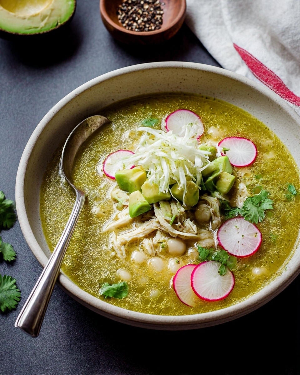A beige ceramic bowl holds a green soup with a slightly oily surface, filled with white kernels and shredded chicken. On top, there is a small mound of shredded cabbage in the center, surrounded by green avocado chunks, thin round slices of radish with pink edges, and green cilantro leaves scattered around. A silver spoon rests inside the bowl, angled to the left. The bowl sits on a dark surface with a small bowl of black pepper and a white cloth with a red stripe in the background. photo taken with an iphone --ar 4:5 --v 7