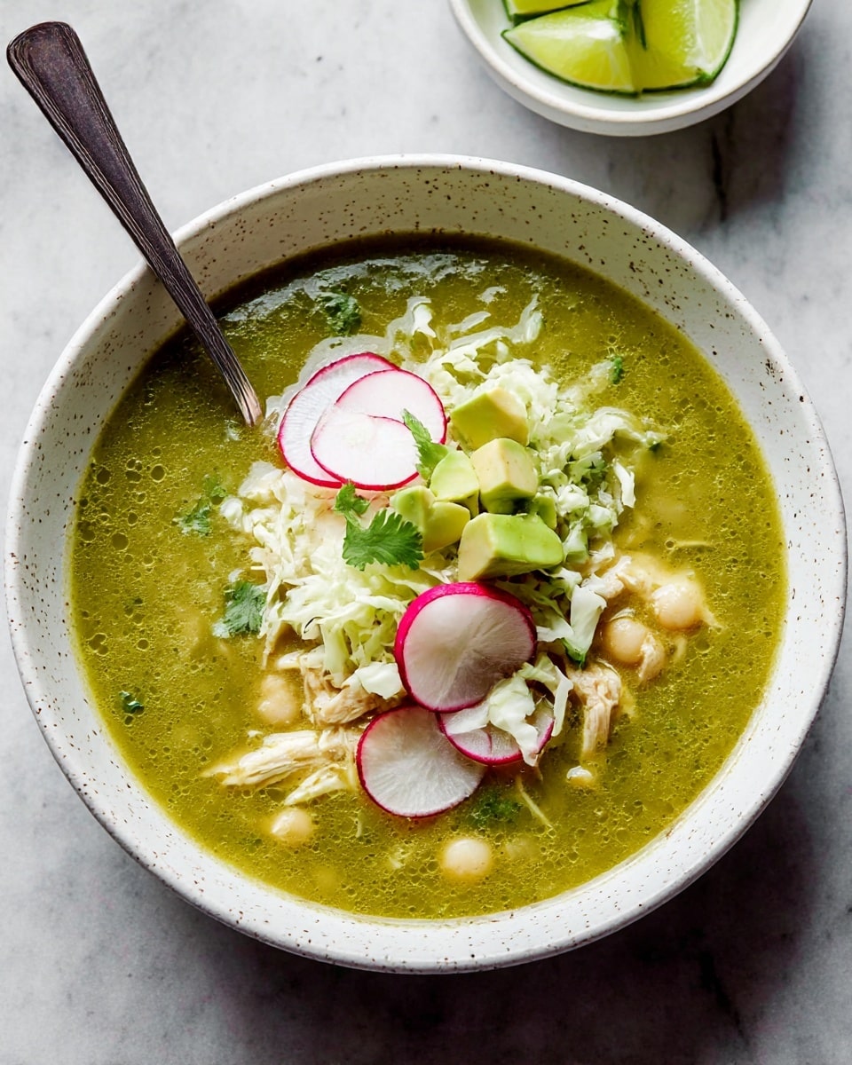A bowl of green soup fills the white speckled bowl, with a smooth, slightly oily texture that holds visible small bits of shredded chicken and hominy near the bottom. On top, there is a layer of thinly sliced white radish with fuchsia edges, alongside small light green cubes of creamy avocado, and a small pile of finely shredded pale green cabbage. Few sprigs of bright green cilantro are scattered over the soup, adding fresh color. A spoon rests inside the bowl, angled to the left. The background shows a white marbled texture and a small white bowl with lime wedges. Photo taken with an iphone --ar 4:5 --v 7