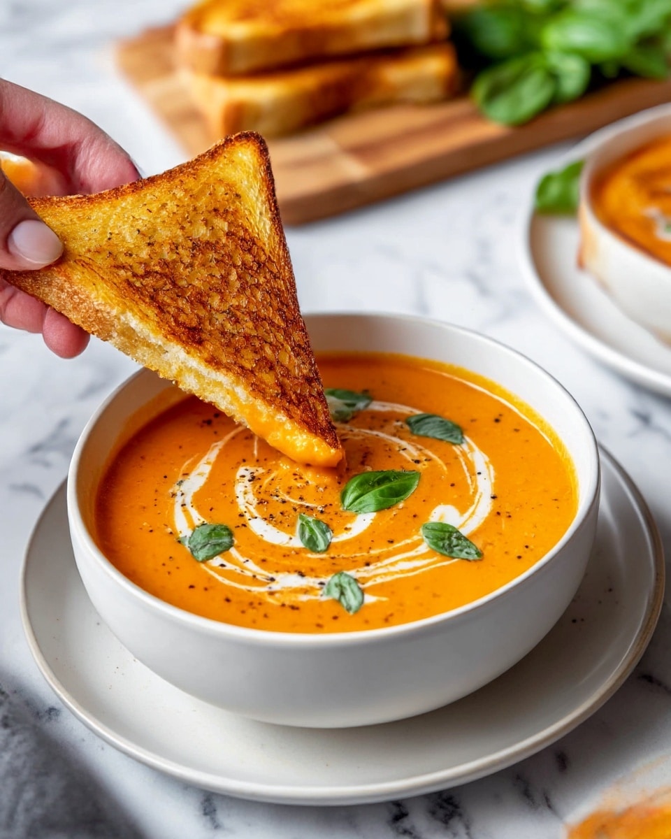A bowl of smooth orange tomato soup with a swirl of white cream and small green basil leaves on top, sprinkled with black pepper. The bowl is white and sits on a matching white plate. A golden brown grilled cheese sandwich, cut into a triangle, is being held by a woman's hand and dipped into the soup. In the background, there are more grilled cheese sandwiches on a white plate and fresh green basil leaves on a wooden board. All of this is set on a white marbled surface. photo taken with an iphone --ar 4:5 --v 7