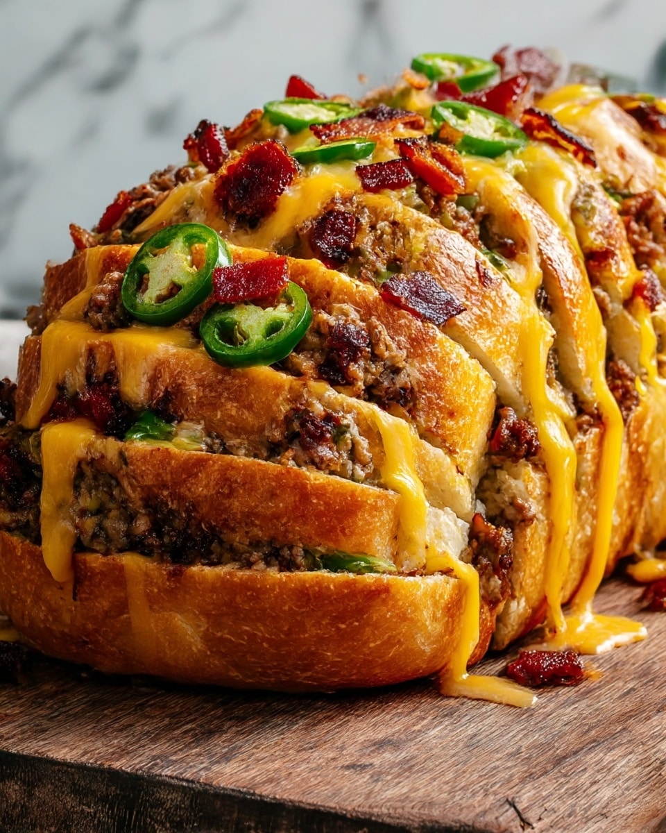The image shows a thick loaf of bread sliced almost to the bottom, forming several layers. Inside each slice, there is a mix of cooked ground meat with a crumbly, brown texture, bright green slices of jalapeño peppers, and small dark red pieces of crispy bacon. On top and draping down the sides of the bread is melted yellow cheddar cheese, soft and stringy in texture. The bread crust is golden brown and crispy, with the inner bread being soft and light. The loaf is placed on a rustic wooden surface, sitting against a white marbled background. photo taken with an iphone --ar 4:5 --v 7
