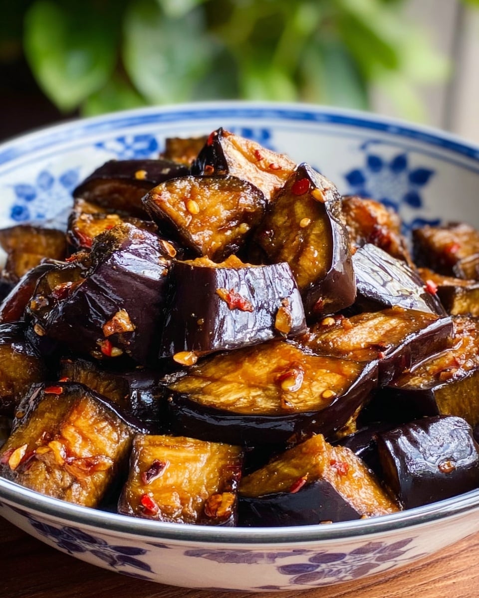 A close-up view of a white bowl with blue patterns filled with cooked eggplant pieces. The eggplant slices are thick, cut into irregular chunks, showing dark purple skin with glossy, brown, caramelized surfaces coated in a sticky sauce with small bits of garlic or chili flakes. The texture looks soft and glazed, piled high in the bowl. The background is green leaves blurred out, and the bowl rests on a wooden surface. Photo taken with an iphone --ar 4:5 --v 7