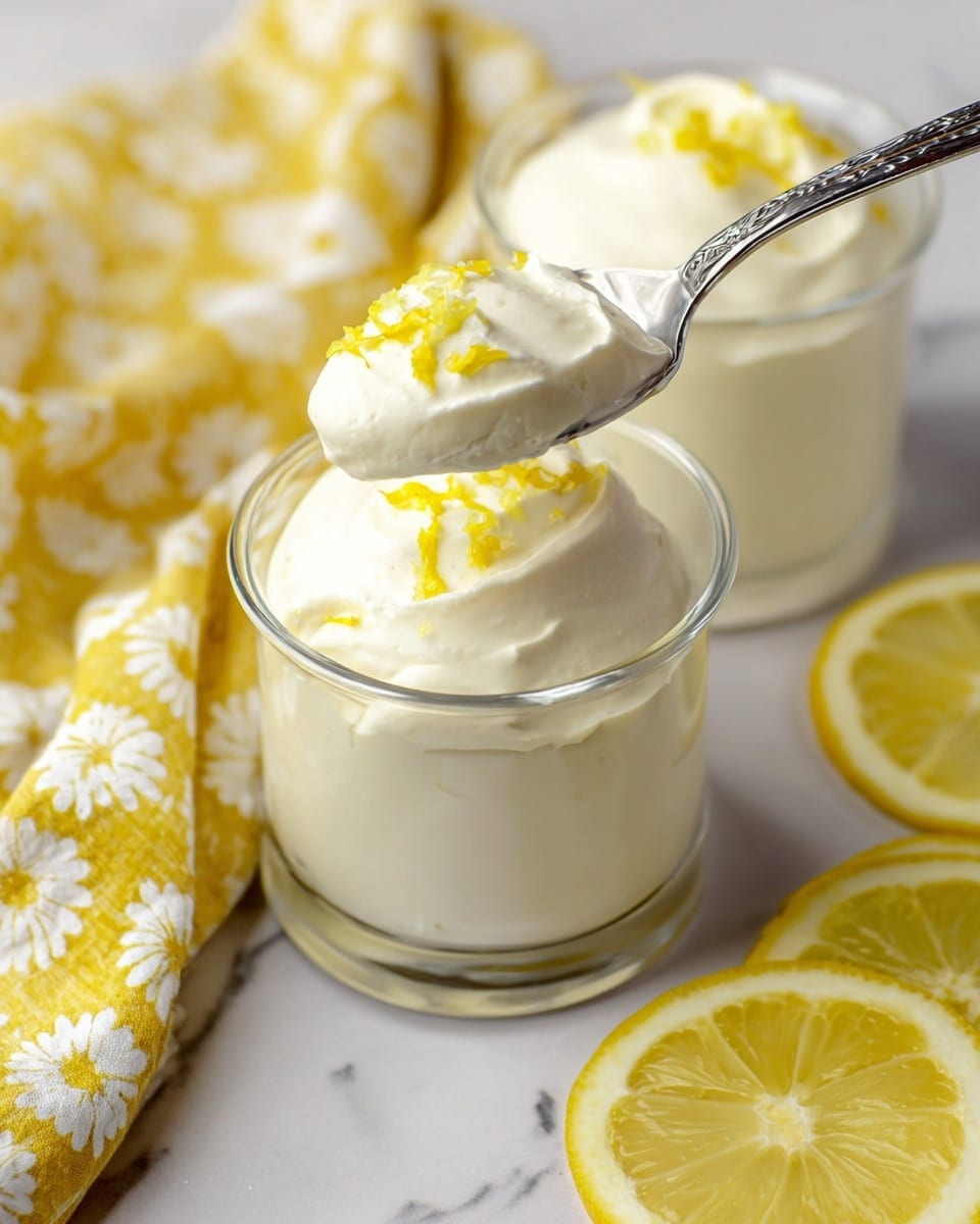 The image shows a small clear glass filled with one layer of thick, smooth white lemon mousse with tiny yellow lemon zest pieces on top, held by a silver spoon lifting a scoop of the mousse above the glass. Behind the glass is another similar glass with mousse, and a folded yellow cloth with a white floral pattern rests in the background. Next to the glasses, there are three lemon slices on a white marbled surface. The overall setting is bright and clean. photo taken with an iphone --ar 4:5 --v 7