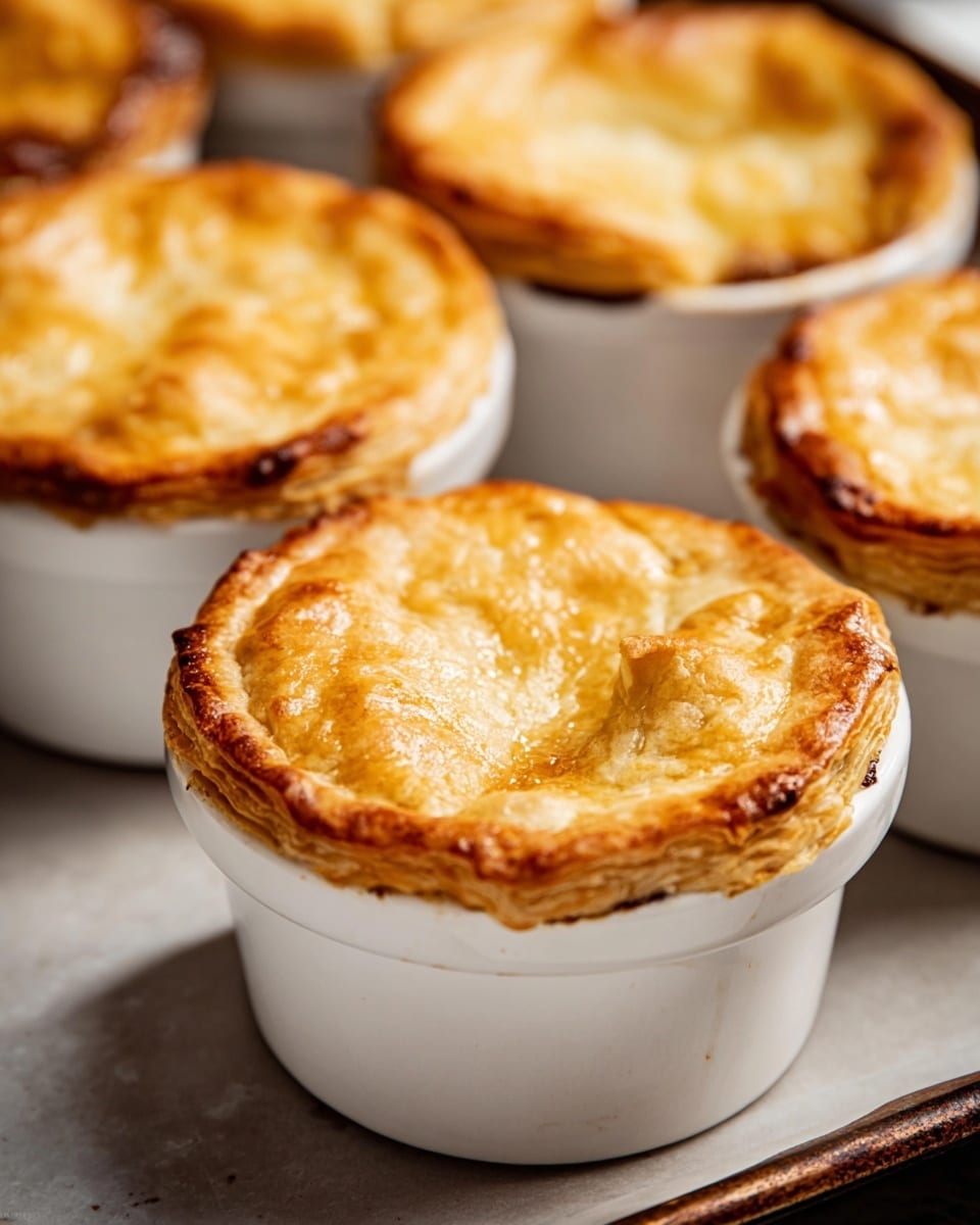 This image shows five small white ramekins filled with golden brown, flaky mini pies with a puffy, crimped crust on top. Each pie has a slightly cracked surface revealing soft, uneven textures with some darker browned spots. The crust edges are crimped downward along the sides of the ramekins, showing some dark filling bubbling and baked onto the white ceramic around the rim. The dishes sit close together on a rustic dark tray but the surface is changed to a white marbled texture. The image is focused on the middle ramekin, with the front and back ramekins slightly blurred. photo taken with an iphone --ar 4:5 --v 7
