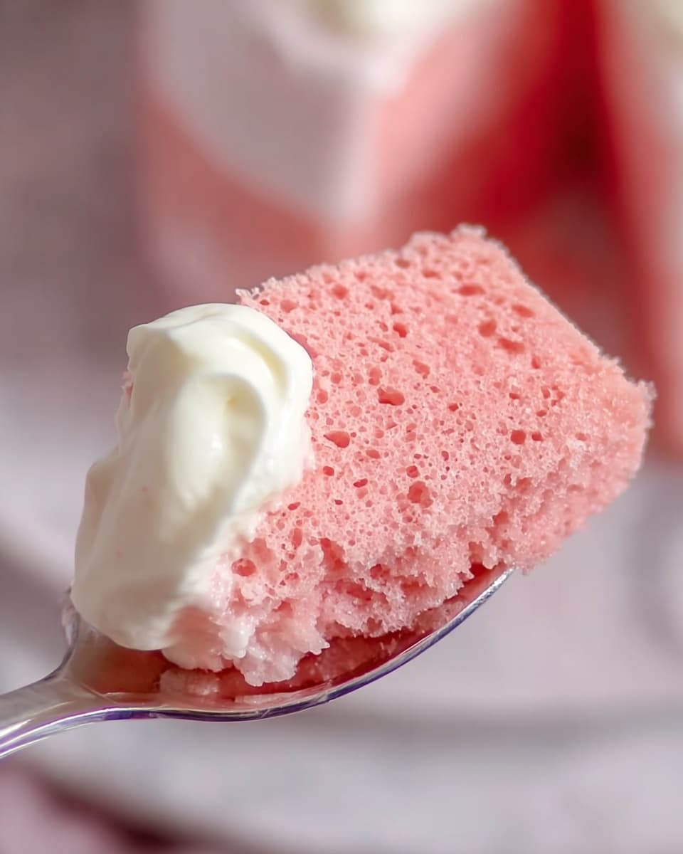 A small, round dessert with three visible layers: a bottom light yellow sponge cake, a thick middle layer of smooth pink mousse, and a top layer of white whipped cream shaped like soft waves. On top of the whipped cream, there is one red raspberry sprinkled lightly with white powdered sugar, one dark blue blueberry, and two small green mint leaves placed behind the cream. The dessert is placed on a white plate with a white marbled texture background. photo taken with an iphone --ar 4:5 --v 7