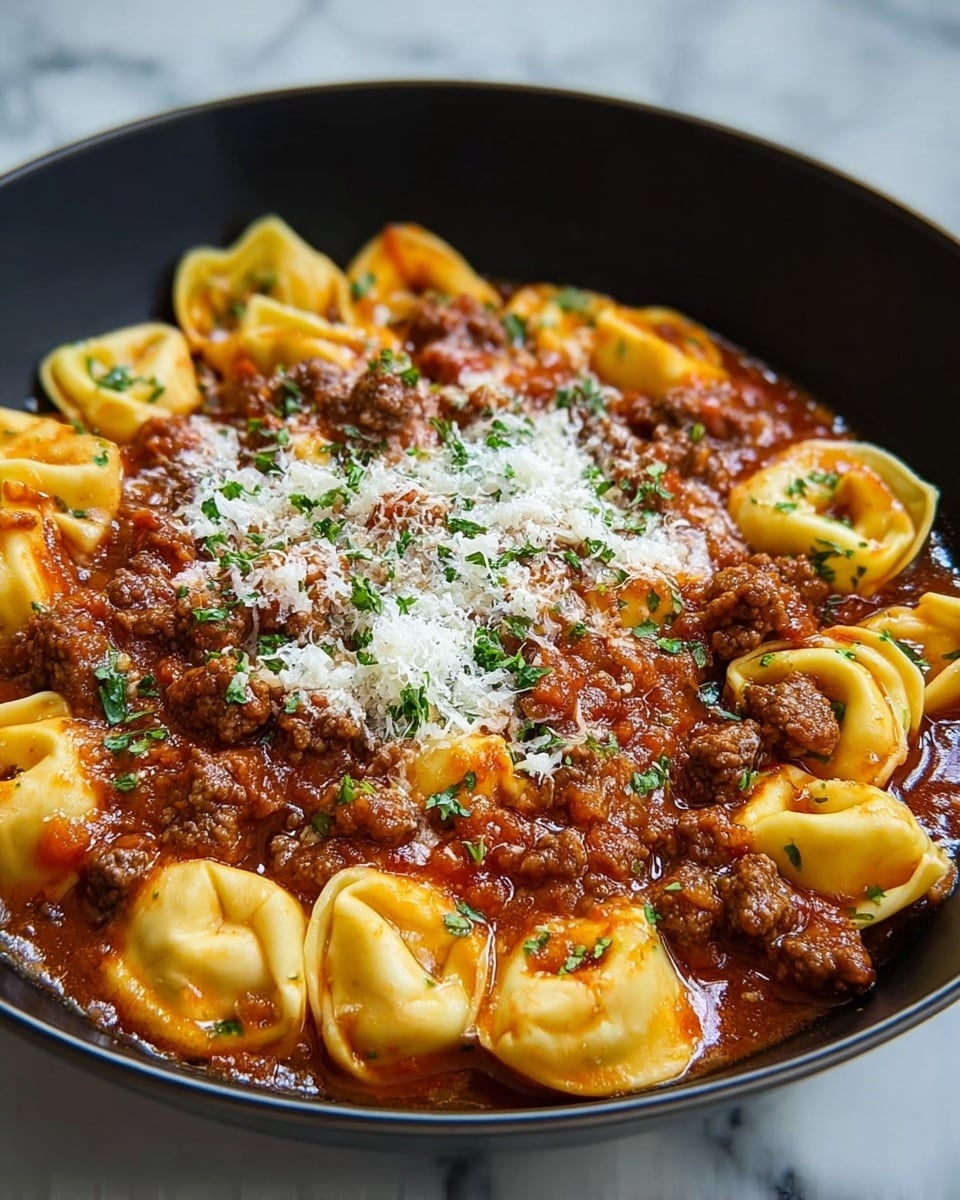 The image shows a close-up of tortellini pasta served in a deep black bowl placed on a white marbled surface. The dish has three visible layers: the bottom layer is a rich, chunky red meat sauce with pieces of browned ground beef spread throughout; above this, there is a layer of yellowish tortellini pasta, some with a slight golden-brown tint around the edges, partially submerged in the sauce; the top layer features a sprinkling of white grated cheese and small bits of chopped green herbs scattered evenly over the pasta and sauce. The overall look is hearty and comforting with vibrant reds, yellows, and greens. photo taken with an iphone --ar 4:5 --v 7