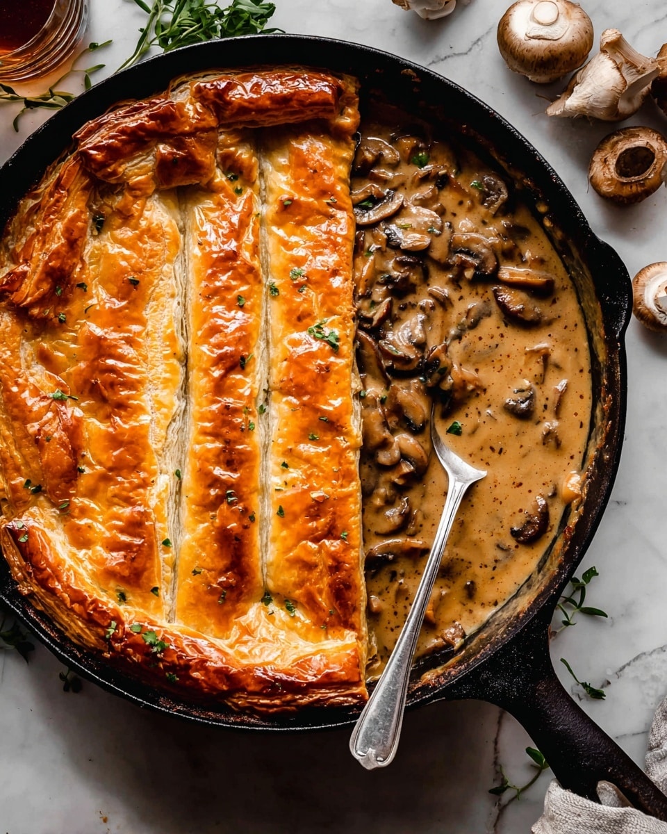The image shows a round black cast iron skillet filled with a creamy mushroom casserole topped by a golden-brown, flaky pastry crust that is divided into four long, rectangular sections. The crust sits on the left side of the skillet, while the right side reveals a smooth, beige mushroom sauce with small chunks of mushrooms and specks of herbs. A silver spoon rests in the creamy sauce. The skillet is placed on a white marbled surface with some mushrooms and fresh herbs nearby. Photo taken with an iphone --ar 4:5 --v 7