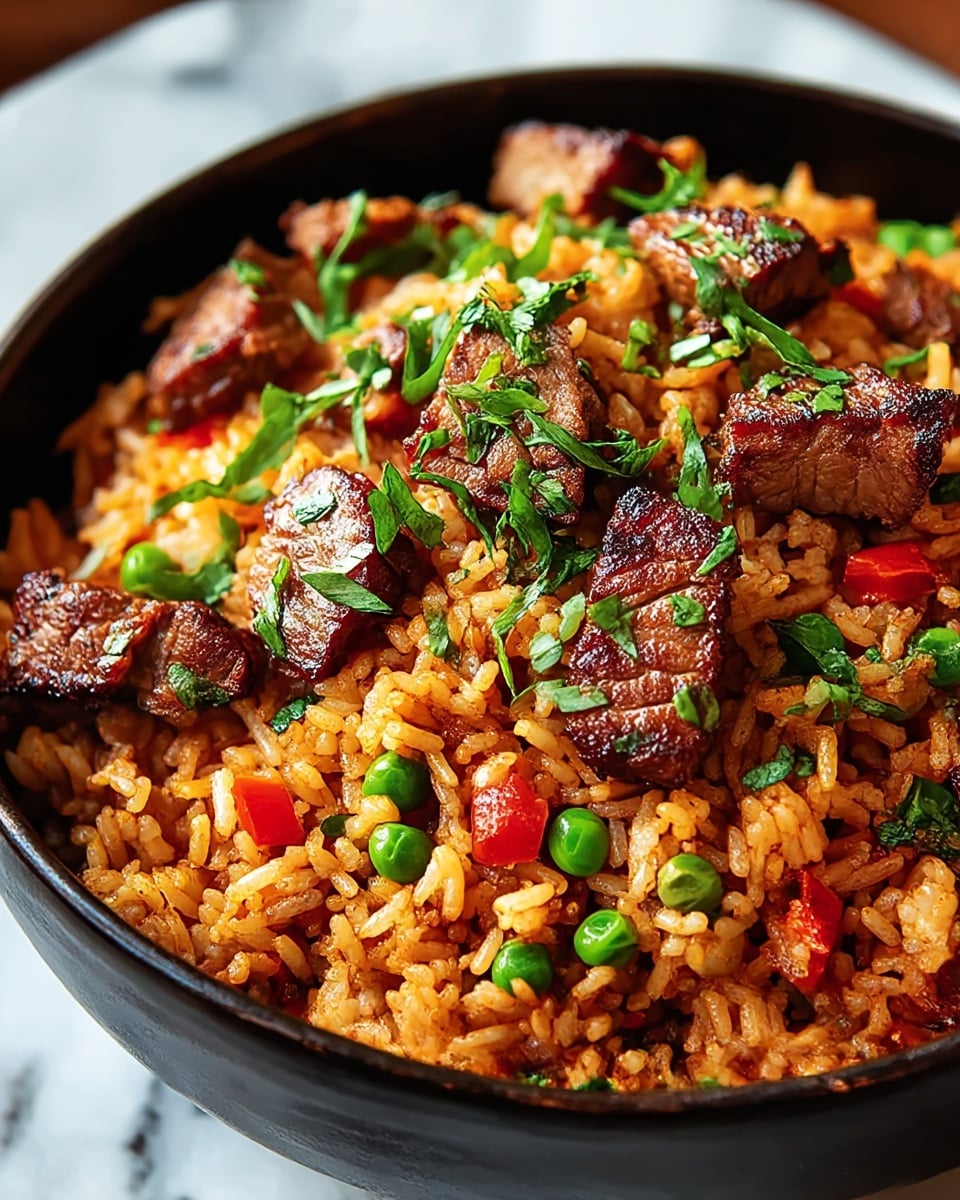 A close-up of a black bowl filled with fried rice showing three main layers: at the bottom, the cooked rice colored orange-brown with visible grains, in the middle, green peas and small diced red peppers scattered throughout, and on top, tender pieces of grilled meat with a dark brown crust mixed with chopped green herbs, all on a white marbled surface in soft lighting. photo taken with an iphone --ar 4:5 --v 7