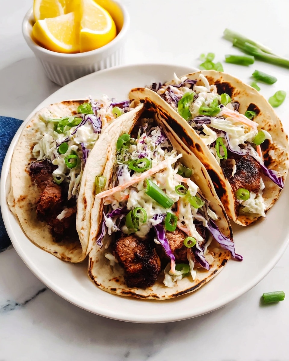 Three grilled meat tacos are placed side by side on a white plate, each taco wrapped in a soft, lightly charred tortilla. The first layer inside each taco is chunky grilled meat with a dark, smoky crust. On top of the meat is a thick layer of creamy coleslaw with shredded white and purple cabbage and thin carrot strips, mixed with a pale dressing. Bright green sliced scallions are sprinkled over the top, adding a fresh pop of color. Behind the tacos, there is a small white bowl filled with yellow lemon wedges. The plate is set on a white marbled surface, and a few green onion pieces are scattered around it. photo taken with an iphone --ar 4:5 --v 7