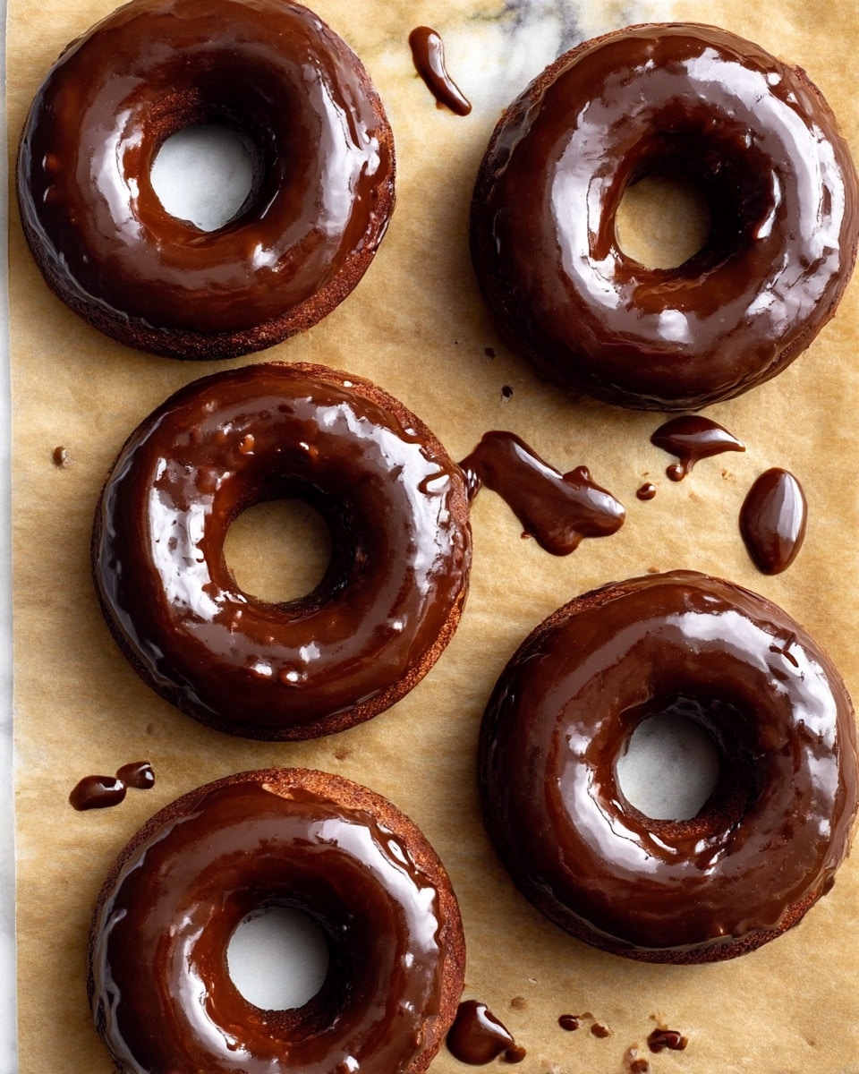 Six chocolate donuts with a smooth, shiny dark chocolate glaze covering the entire surface are arranged in two columns of three on a brown parchment paper. The glaze is thick and glossy, with some drips and smudges of chocolate around the donuts, adding texture to the image. Each donut has a round shape with a hole in the middle, and the glaze reflects light, showing a wet, rich texture. The background is a white marbled texture, which contrasts with the deep brown color of the chocolate. photo taken with an iphone --ar 4:5 --v 7
