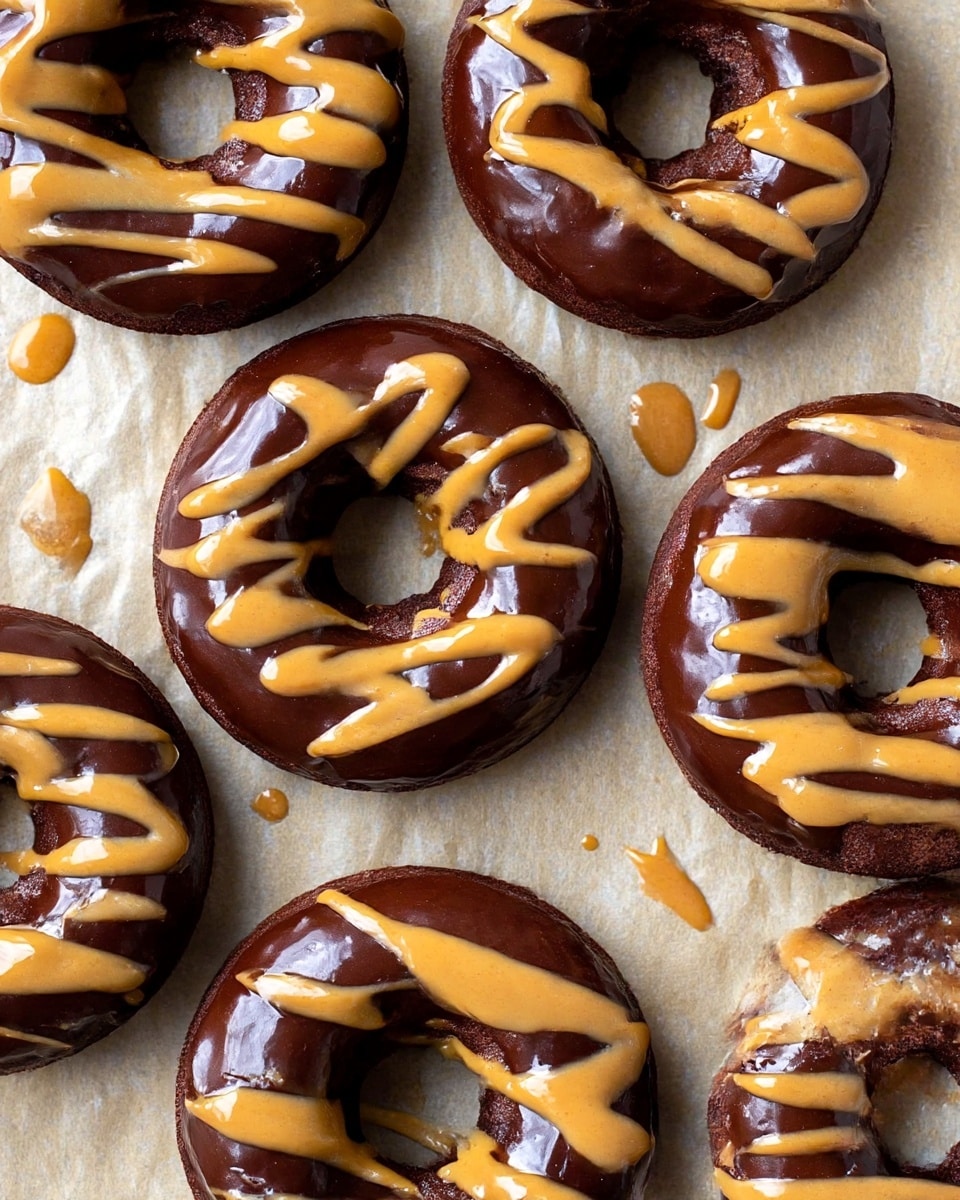 The image shows six donuts arranged closely on a parchment paper background. Each donut has one thick layer of shiny, dark chocolate glaze covering the top and sides, giving a smooth and glossy texture. On top of the chocolate glaze, there is a thinner layer of light brown peanut butter drizzle applied in random zigzag patterns on all the donuts. The parchment paper underneath shows small drips of chocolate and peanut butter, adding some texture to the background. The overall look is rich and appetizing with strong contrast between the dark chocolate and creamy peanut butter drizzle photo taken with an iphone --ar 4:5 --v 7