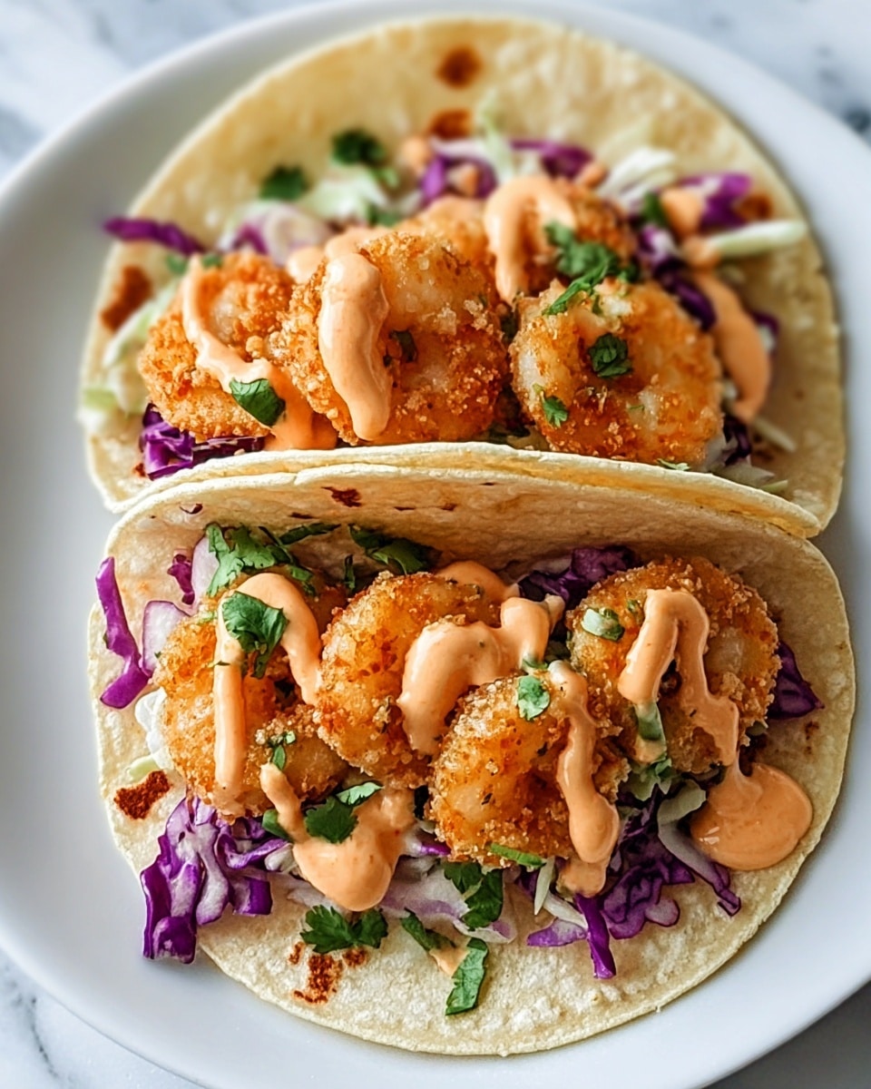 Two shrimp tacos on a white plate, each taco made with a soft corn tortilla as the base. On the bottom layer, there is shredded purple cabbage, followed by several pieces of breaded and fried shrimp that are golden with a crispy texture. On top of the shrimp, there is a light orange creamy sauce drizzled unevenly and sprinkled with small green cilantro leaves. The edges of the tortillas are slightly browned, showing a soft and fresh texture. The photo is set on a white marbled surface. photo taken with an iphone --ar 4:5 --v 7