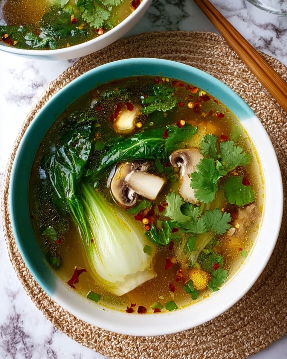 A deep white bowl filled with clear broth soup showing one whole bok choy at the center with bright green leaves and white stems, floating alongside sliced white mushrooms and fresh green cilantro leaves near the edge of the bowl. Small drops of red chili oil dot the surface of the broth, giving a slight sparkle. The bowl is placed on a round woven beige mat sitting on a white marbled surface, with part of another white bowl with similar soup visible in the background on the upper left. A pair of wooden chopsticks rests on the surface near the top right corner. photo taken with an iphone --ar 4:5 --v 7