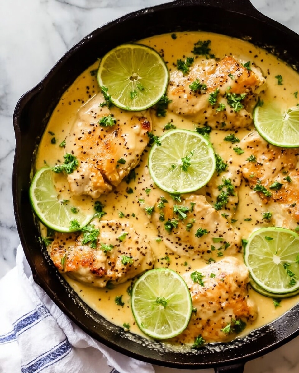 The image shows a black cast iron skillet filled with several pieces of cooked chicken breast covered in a thick, creamy yellow sauce. The chicken pieces are tender and slightly browned, mostly covered by the sauce that has a smooth texture with small black pepper specks. On top of the chicken and sauce, there are fresh small pieces of green parsley scattered and thin slices of lime placed evenly around the dish, adding a bright contrast. The skillet sits on a white marbled surface with a white cloth with blue stripes visible in the corner. photo taken with an iphone --ar 4:5 --v 7
