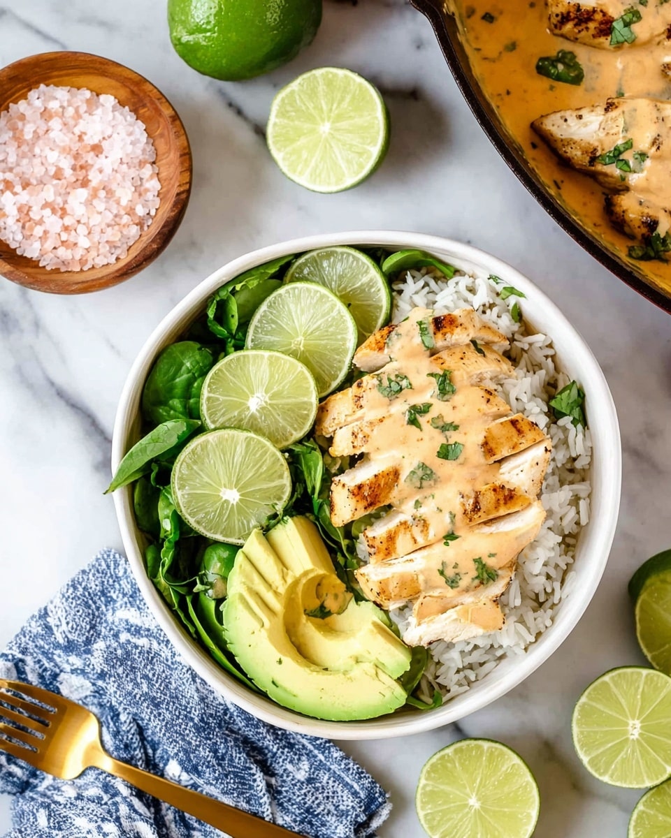 A white bowl filled with a base layer of fresh green spinach leaves, topped with a layer of white cooked rice on one side and slices of light green avocado fanned out on the other side. On top, there is a grilled chicken breast sliced into strips, covered in a creamy orange sauce with green herb bits, and garnished with three lime slices placed across the chicken. The bowl sits on a white marbled surface, with a blue and white cloth napkin and a gold fork resting beside it. There is also a white bowl of pink salt, some whole and halved limes scattered around, and a black skillet with more chicken in sauce partially visible. Photo taken with an iphone --ar 4:5 --v 7
