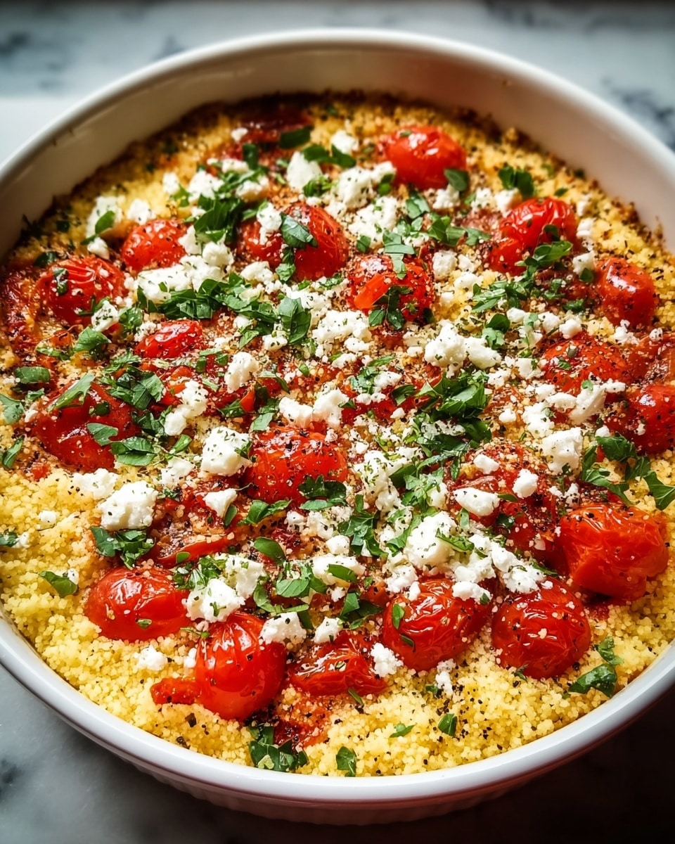 A white round dish filled with three main layers: the bottom layer is light yellow, fluffy couscous with a grainy texture; the middle layer has bright red cherry tomato halves scattered evenly; the top layer is sprinkled with small white crumbled cheese pieces and finely chopped fresh green herbs, creating a colorful contrast; the whole dish has a light dusting of black pepper and sits on a white marbled surface, photo taken with an iphone --ar 4:5 --v 7
