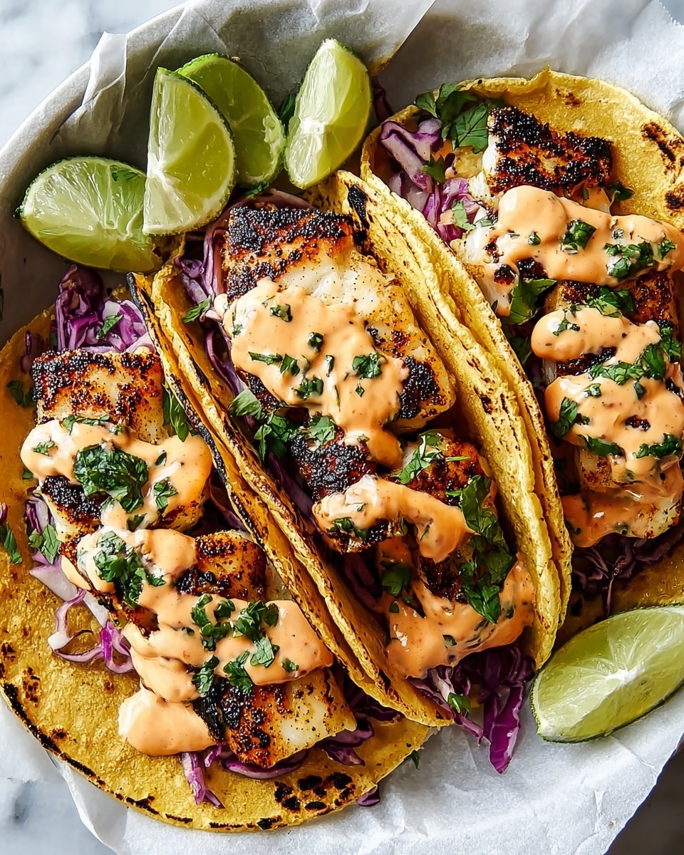 Three grilled fish tacos are placed side by side on a white plate lined with white parchment paper, all set on a white marbled surface. Each taco has two soft yellow corn tortillas with char marks. Inside each taco, there is a layer of finely chopped purple cabbage at the bottom, topped with thick grilled fish pieces that have a blackened crust. Drizzled generously over the fish and cabbage is a creamy orange sauce with small green herb pieces. Fresh green cilantro leaves are sprinkled on top and around the tacos. Lime wedges are placed between and around the tacos, adding bright green and yellow color to the scene. photo taken with an iphone --ar 4:5 --v 7