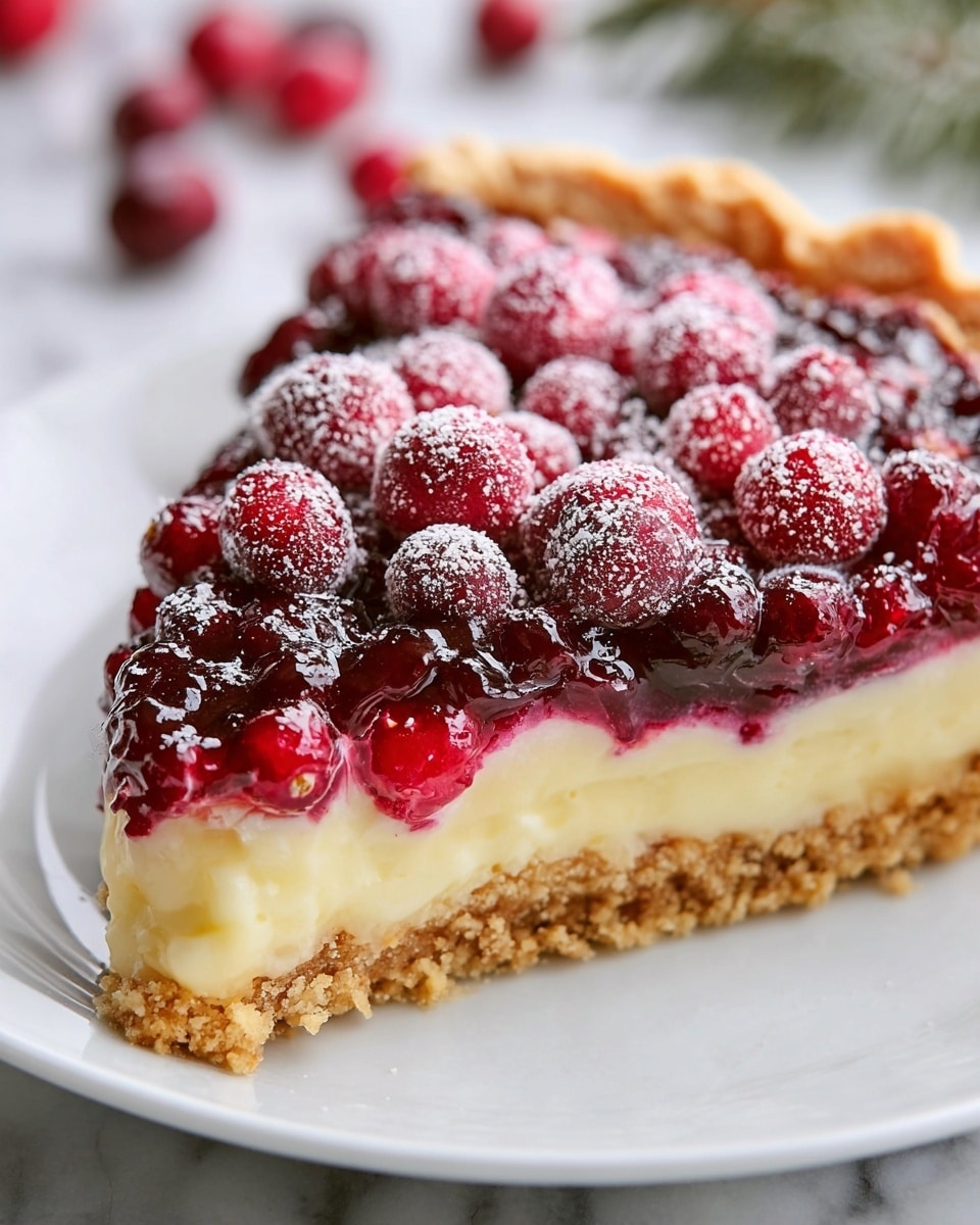 A slice of a four-layer pie is shown in close-up on a white plate, placed on a white marbled surface. The bottom layer is a thick, crumbly golden-brown crust, followed by a smooth, creamy pale yellow filling. Above that is a deep red, glossy berry jam layer, topped with fresh, bright red cranberries covered lightly in powdered sugar. The pie crust edge is golden and slightly crimped, creating a rustic border around the colorful layers. Photo taken with an iphone --ar 4:5 --v 7