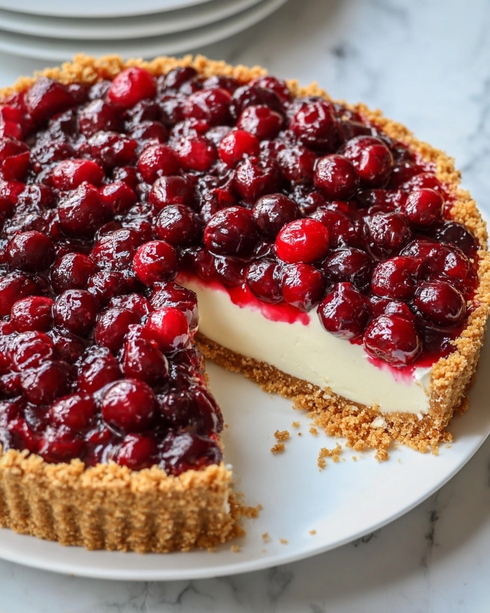 The image shows a layered tart with a crumbly golden-brown crust that forms the base and edges. On top of the crust is a smooth, creamy white filling that looks rich and thick. Above this filling is a vibrant, glossy layer of dark red cranberry sauce mixed with plump, whole cranberries that give a shiny, juicy texture. A slice is missing from the tart, clearly showing all three layers and the contrast in textures and colors. The tart sits on a white plate, all placed on a white marbled surface. Photo taken with an iphone --ar 4:5 --v 7