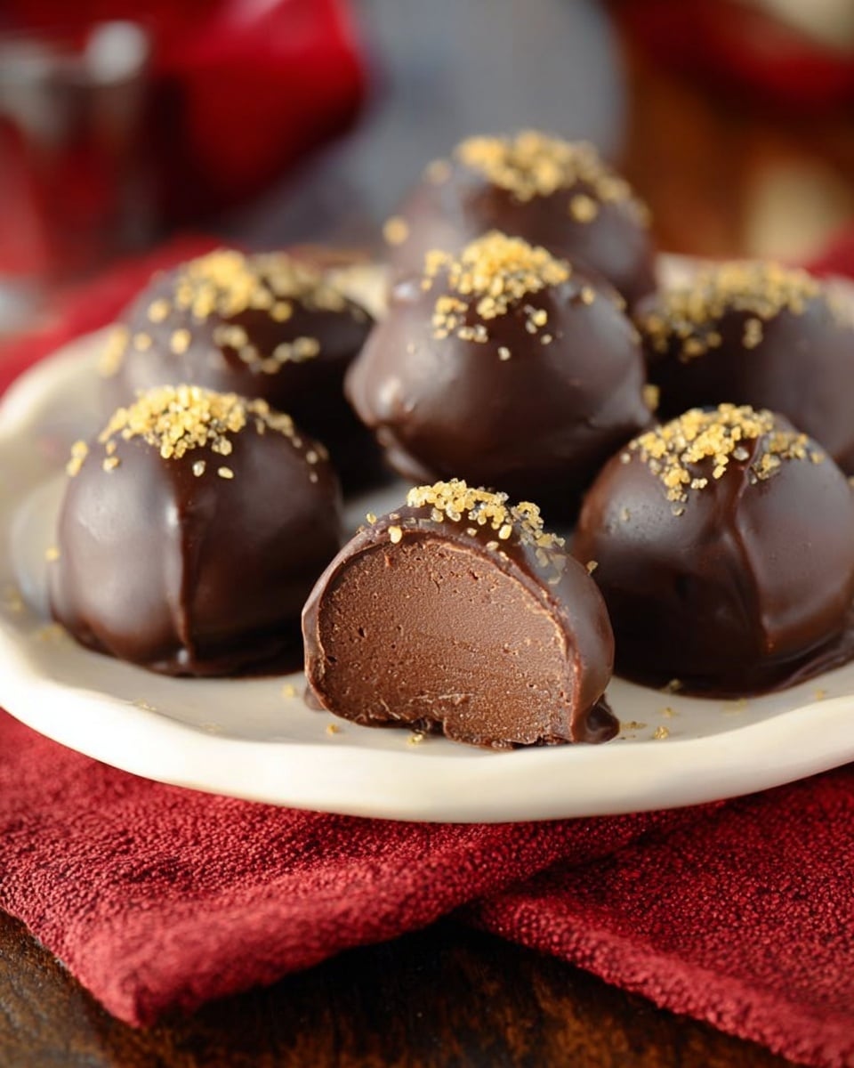 A white plate holds seven round chocolate truffles with a smooth dark chocolate coating, each topped with small golden sugar crystals. One truffle in the front is cut in half, revealing a thick, creamy, dark chocolate filling inside. The plate is placed on a red textured cloth, set over a dark wooden surface. The background is softly blurred, drawing focus to the rich chocolate textures and shiny toppings. Photo taken with an iphone --ar 4:5 --v 7