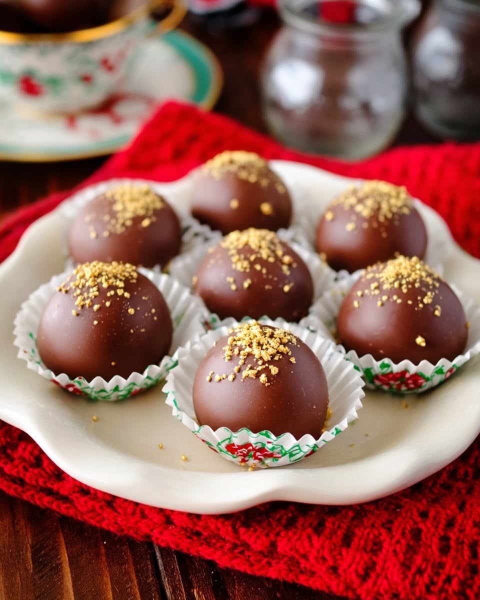 Seven round chocolate balls are placed on a white plate with a slightly wavy edge, each ball coated with smooth milk chocolate and sprinkled with small golden pieces on top. Each chocolate ball rests in a white paper cup with green and red patterns, giving a festive feel. The plate sits on a bright red knitted cloth over a dark wooden table, with a blurry background showing some glass jars and a hint of more decorative plates. One chocolate ball is at the front, sharply focused, inviting attention to its smooth texture and shiny topping. Photo taken with an iphone --ar 4:5 --v 7