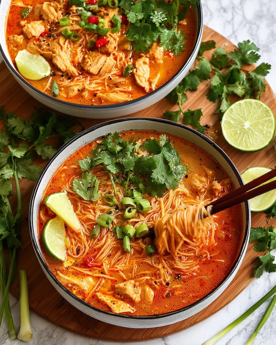 The image shows two bowls of orange-red soup with thin noodles and pieces of cooked chicken. Each bowl has several lime wedges on one side and is topped with fresh green cilantro leaves and sliced green onions. The soup looks rich with bits of red peppers and black pepper sprinkled on top. One bowl has a pair of brown chopsticks lifting some noodles from the soup. The bowls are placed on a wooden board and the background is a white marbled surface with some green onions and cilantro scattered around. Photo taken with an iphone --ar 4:5 --v 7