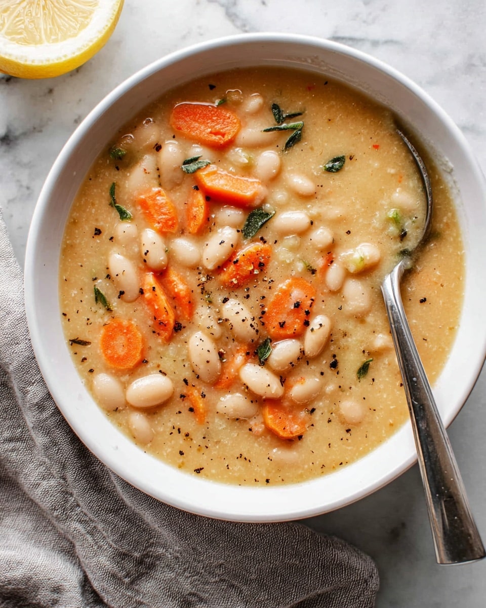 A white bowl filled with thick creamy soup containing three layers of white beans, sliced orange carrots, and small pieces of green herbs mixed evenly throughout. The soup has a soft, smooth texture with small black pepper flakes sprinkled on top. A metal spoon is partially inside the bowl, resting on the right side. The bowl sits on a light grey cloth napkin on a surface with white marbled texture, and a half lemon is placed in the upper left corner near the bowl. Photo taken with an iphone --ar 4:5 --v 7