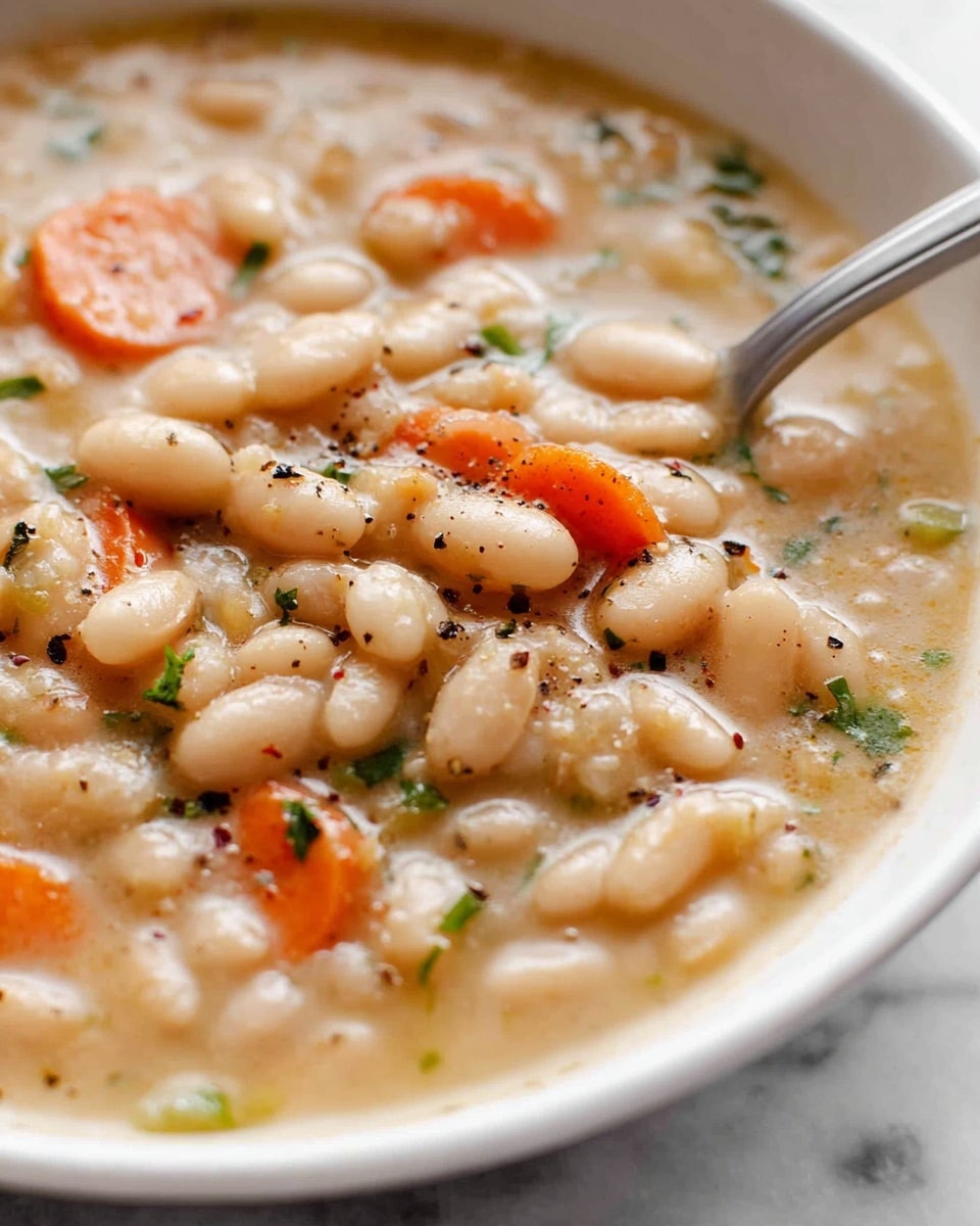 A close-up view of a thick bean soup served in a white bowl, showing soft white beans scattered evenly throughout a creamy broth with a light beige color. There are thin slices of bright orange carrots and small pieces of green herbs spread around the bowl, with black pepper flakes sprinkled on top for texture. The soup looks warm and hearty, with a smooth and slightly chunky texture. The background is a white marbled surface and a spoon is partially visible resting in the bowl. photo taken with an iphone --ar 4:5 --v 7