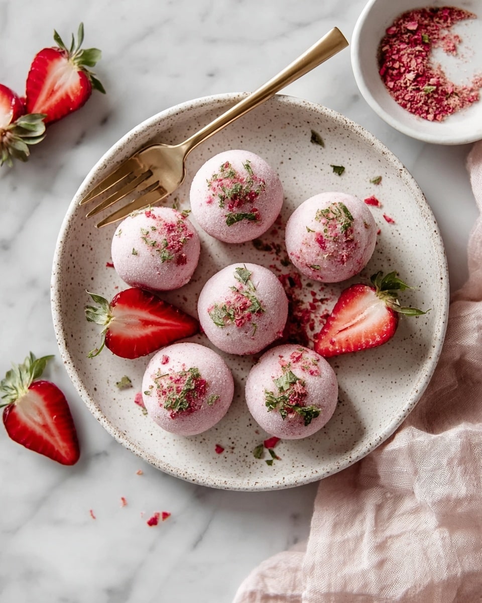 Seven light pink round balls are placed closely on a white speckled plate, each topped with small green herb pieces and red crumbs. Among the balls are three halves of fresh strawberries showing their red juicy inside and green tops. A golden fork rests on the left side of the plate. Next to the plate on the white marbled surface are a halved strawberry and some small green herb pieces. A small white bowl with red crumbs and a soft pink cloth partly frame the right side of the scene. Photo taken with an iphone --ar 4:5 --v 7