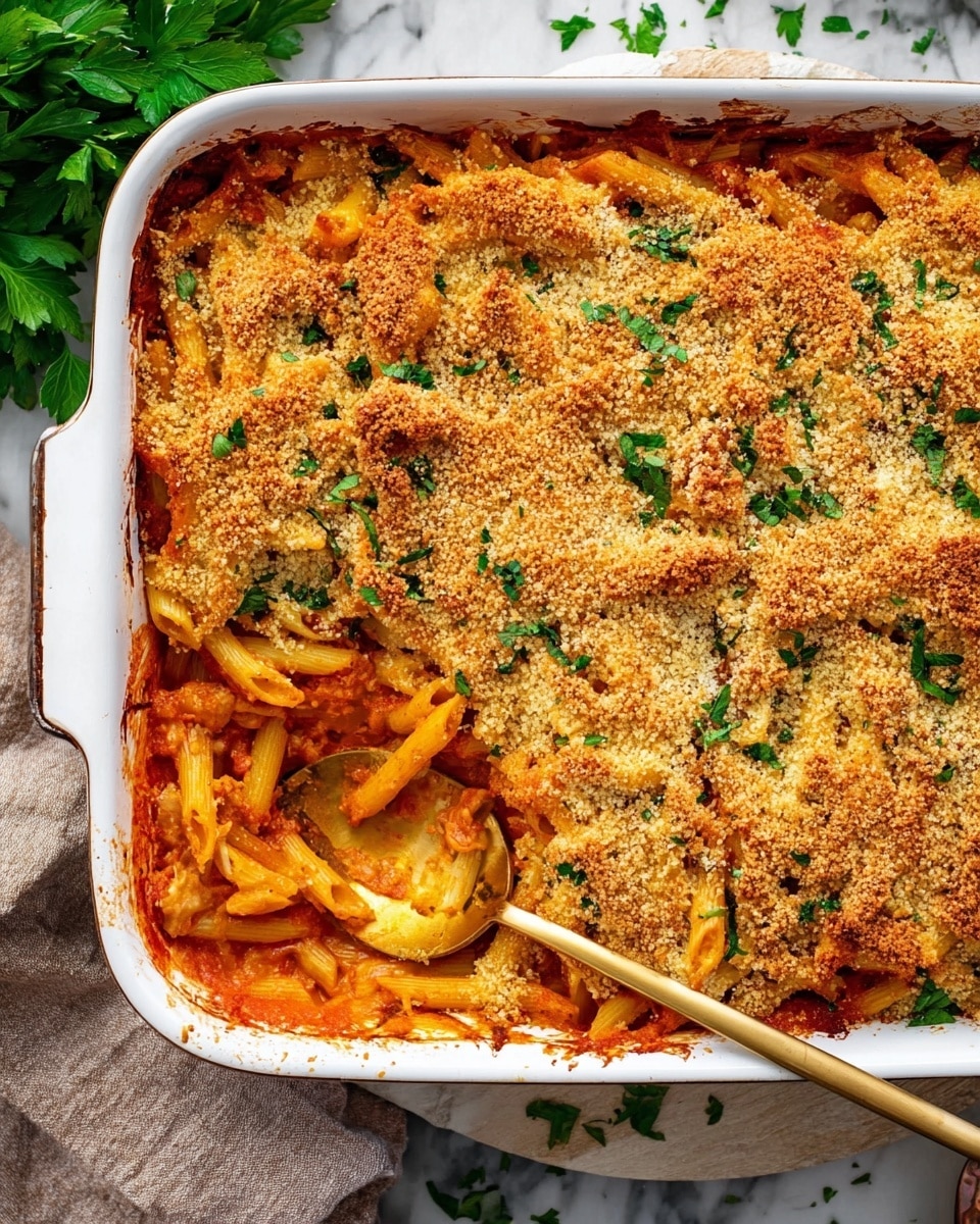 The image shows a white rectangular baking dish filled with baked pasta. The top layer is golden brown with a crumbly texture, sprinkled with green parsley pieces. Below is a thick layer of orange-red tomato sauce coating penne pasta, which is visible in some places around the edges and where a portion is scooped out. The pasta looks soft and well covered in sauce. A gold serving spoon is placed inside the dish, resting in the scooped-out section. The dish is on a white marbled surface with some green parsley scattered nearby. photo taken with an iphone --ar 4:5 --v 7