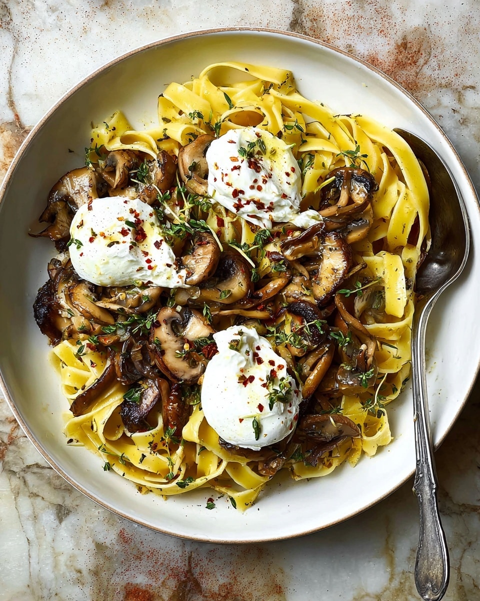 A white deep plate holds a dish with two main layers: the bottom layer is pale yellow wide fettuccine pasta curled and spread out, topped with a mixed layer of cooked brown mushrooms with a shiny texture and sprigs of fresh green thyme scattered around. On top, there are two dollops of white creamy cheese with a soft texture, lightly sprinkled with crushed red chili flakes and black pepper. The plate rests on a white marbled surface and a spoon is placed on the right side of the plate. photo taken with an iphone --ar 4:5 --v 7