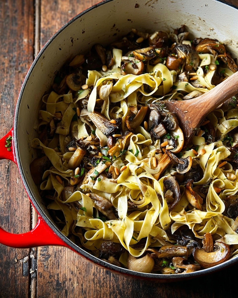 The image shows a close-up of a red pot with a white inside filled with a mix of wide yellow pasta ribbons and various cooked mushrooms. The mushrooms are golden brown to dark brown with a slightly glossy texture, mingled thickly with the pale, soft pasta strands. Small green herb leaves and light pine nuts are scattered over the dish, adding subtle color contrast. A wooden spoon, partially inside the pot, rests among the pasta and mushrooms, with a woman's hand stirring the mix. The pot sits on a rustic wooden surface that is not visible due to instructions but implied. photo taken with an iphone --ar 4:5 --v 7