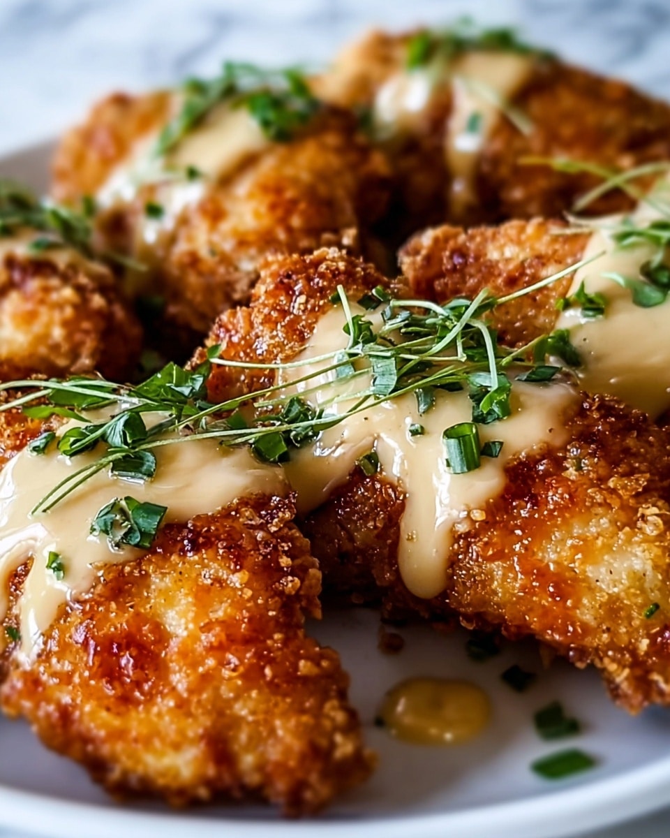 The image shows close-up pieces of golden brown fried chicken with a crispy texture. Each piece is topped with a light tan creamy sauce drizzled in the center and sprinkled with small green herb leaves. The chicken pieces are arranged closely together on a white plate, set on a white marbled surface. Photo taken with an iphone --ar 4:5 --v 7