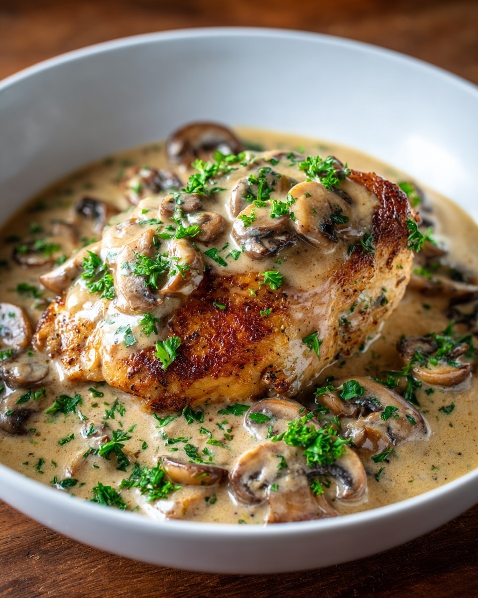 A white bowl holds a single piece of browned, crispy chicken breast at the center, covered with a creamy light brown mushroom sauce that pools around it. Sliced mushrooms are mixed in the sauce, some resting on the chicken while others are spread around the base. Bright green chopped parsley is sprinkled generously over the top for a fresh touch. The background shows a slight blur of a wooden surface. photo taken with an iphone --ar 4:5 --v 7