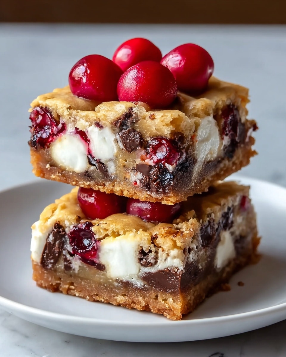 Two stacked dessert squares are shown on a white plate with a white marbled background. Each square has three layers: the bottom layer is a thick, golden-brown cookie base with a soft texture; the middle layer contains gooey white marshmallow pieces mixed with melted dark chocolate chunks and red cherry bits; the top layer is a baked, light caramel-colored surface, topped with four shiny, whole red cherries neatly arranged on the upper square. The dessert looks rich and soft with visible melting and glossy fruit on top. photo taken with an iphone --ar 4:5 --v 7