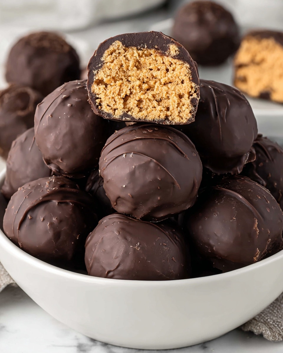 The image shows round chocolate-covered balls stacked inside a white bowl on a white marbled surface. One chocolate ball is cut in half and placed on top of the pile, showing two clear layers: a glossy, dark brown chocolate outer shell and a dense, textured, light brown peanut butter filling inside. The peanut butter layer is rough and crumbly with small bits visible throughout, contrasting with the smooth chocolate coating. Photo taken with an iphone --ar 4:5 --v 7