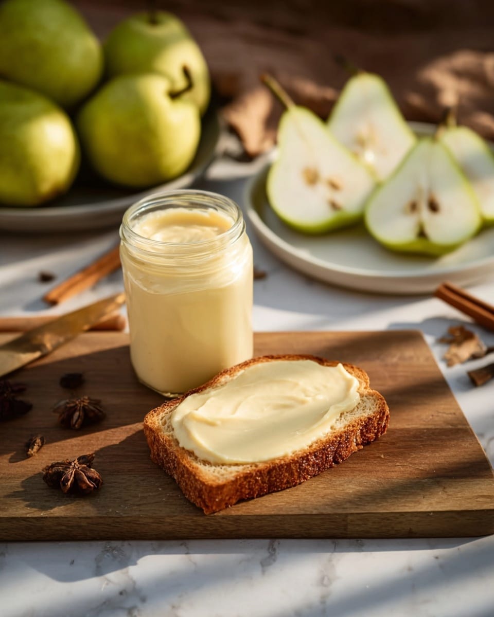 A wooden board holds a single slice of toasted bread covered with a smooth, creamy pale yellow spread that looks soft and thick. Behind the toast, a clear glass jar filled with the same creamy spread stands open. In the background on a white plate, there are sliced green pears with soft white inside and brown seeds, along with some whole green pears and cinnamon sticks lying beside them. The scene sits on a white marbled texture and is lit by soft sunlight creating gentle shadow lines. Photo taken with an iphone --ar 4:5 --v 7
