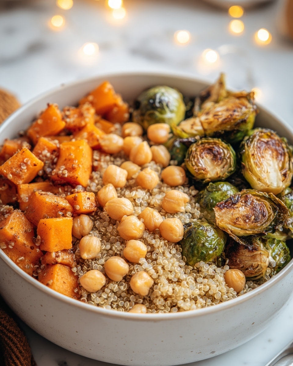 A white bowl filled with three main layers: the bottom layer is fluffy, light beige quinoa with tiny translucent seeds scattered throughout; the middle layer contains roasted bright orange butternut squash cubes with a slightly caramelized texture; and the top layer features roasted Brussels sprouts, some halved showing a golden-brown inner side and shiny green outer leaves, along with plump, pale tan chickpeas evenly mixed in. The bowl is placed on a white marbled surface with soft warm lights glowing softly in the blurred background. photo taken with an iphone --ar 4:5 --v 7
