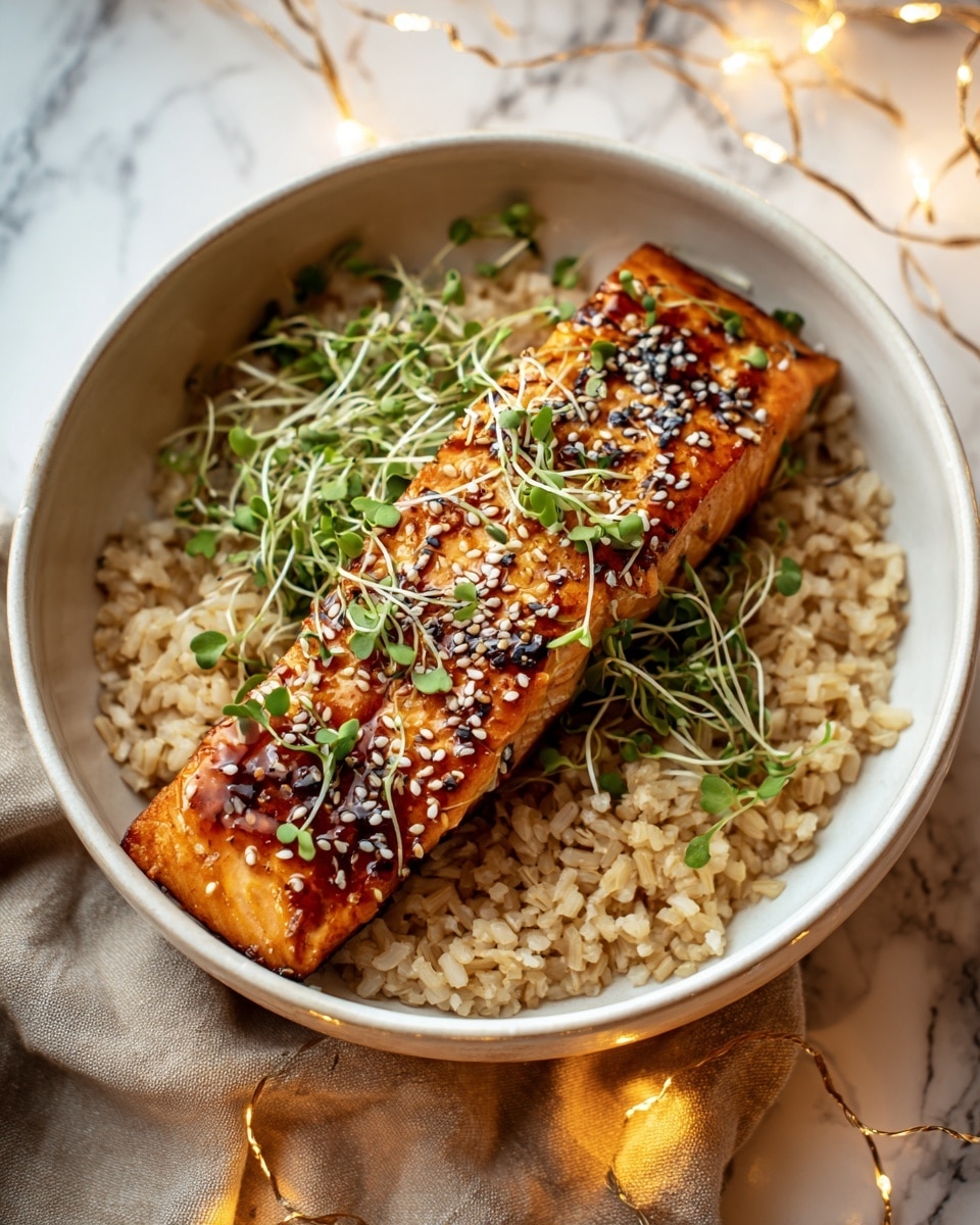 A white bowl filled with a base layer of cooked brown rice, beige and grainy in texture. On top sits a thick, rectangular piece of grilled salmon, golden-orange with char marks and a slightly shiny glaze. The salmon is sprinkled with white sesame seeds and small green microgreens with thin stems scattered around. The bowl rests on a beige cloth on a white marbled surface with soft warm fairy lights in the background. photo taken with an iphone --ar 4:5 --v 7