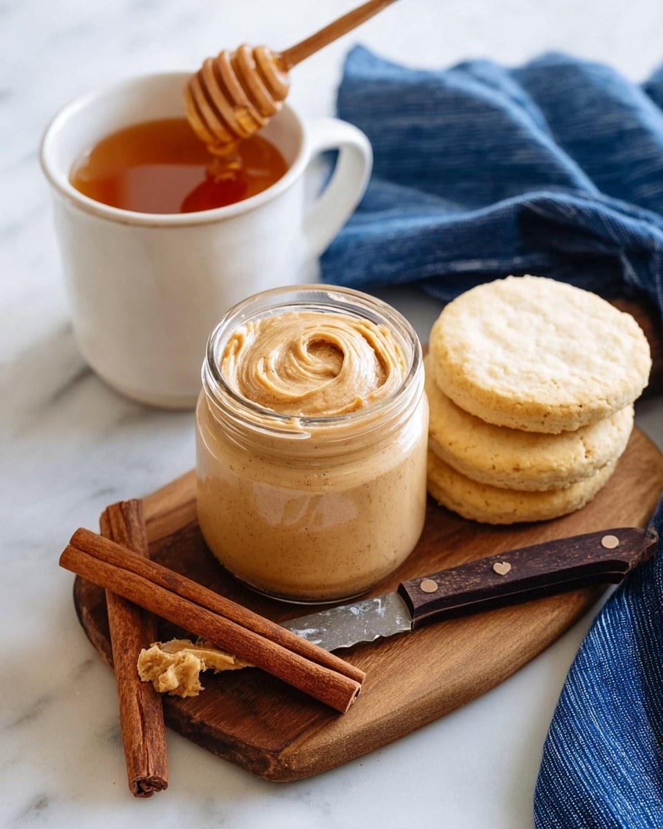 The image shows a small glass jar filled with smooth, light brown peanut butter that has a swirled texture on top. Next to the jar, there is a stack of three round, pale yellow biscuits on a wooden board. Two cinnamon sticks are placed on the board near the jar, along with a knife with a dark wooden handle and some peanut butter on its blade. In the background, there is a white mug filled with amber-colored honey, with a wooden honey dipper resting inside. A blue and white striped cloth is partially visible on the right side, all set on a white marbled surface. Photo taken with an iphone --ar 4:5 --v 7