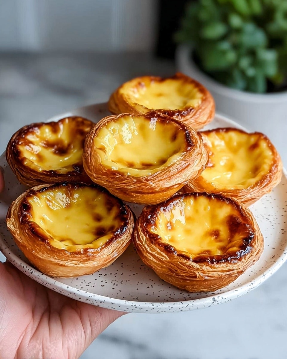 The image shows seven pastel de nata arranged closely on a white plate with a speckled edge. Each tart has a golden brown, flaky outer shell with visible layers of crisp pastry. The center is filled with a smooth, shiny, yellow custard that has slightly caramelized spots on the surface, giving it a toasted look. The tarts are held gently by a woman’s hand on the left side of the plate. The background is a white marbled texture with a blurred container of green leaves behind. Photo taken with an iphone --ar 4:5 --v 7