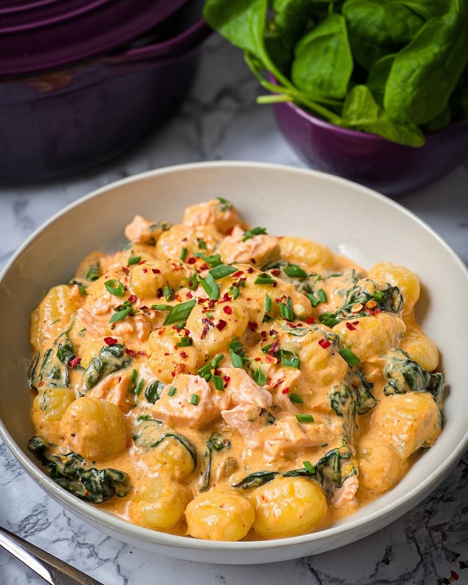 A white bowl filled with a creamy orange sauce that coats small, plump gnocchi pieces mixed with chunks of pink salmon and green spinach leaves. The dish is garnished with chopped green herbs and a few red chili flakes scattered on top. The bowl sits on a white marbled surface, with a purple pot filled with fresh green spinach leaves slightly out of focus in the background on the upper right side. A silver fork rests on the surface next to the bowl. photo taken with an iphone --ar 4:5 --v 7