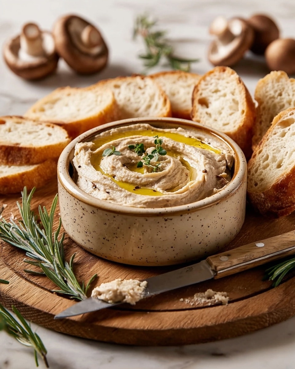 A small round bowl with a speckled light brown and beige color holds a creamy spread with a light brown color and a smooth, slightly swirled texture, topped with a drizzle of golden oil and a small sprig of green herb in the center; the bowl is placed on a round wooden board surrounded by slices of crusty bread with airy holes and a pale golden crust; a knife with a wooden handle rests on the board with some of the spread on its blade; fresh mushrooms and rosemary sprigs are placed around the board on a white marbled surface photo taken with an iphone --ar 4:5 --v 7