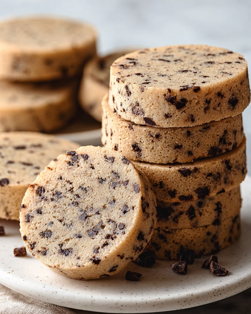 The image shows a stack of thick, round cookies with a light brown color and many small, dark chocolate chunks scattered throughout. The cookies have a slightly rough texture with visible tiny air holes, and their edges are smooth but firm. There are two stacks of cookies in the background and one cookie resting in front, showing the detailed surface filled with chocolate pieces. The cookies are placed on a white plate with a subtle speckled texture, set on a white marbled surface. The lighting highlights the texture and chocolate bits clearly, giving the cookies a fresh and inviting look. photo taken with an iphone --ar 4:5 --v 7
