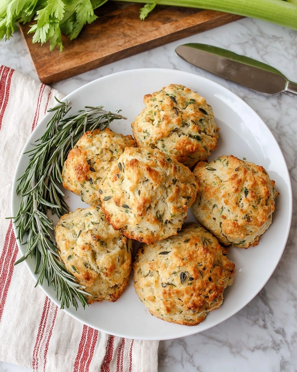 A white plate holds six golden-brown herb biscuits that are unevenly shaped and speckled with green herbs throughout, giving them a rustic and fresh look. The biscuits show a rough, crumbly texture on top, with some browned edges and a soft interior visible from slight cracks. To the left side of the plate, two fresh dark green rosemary sprigs with needle-like leaves are placed as decoration. The plate is set on a white marbled surface, and in the background, a bunch of green celery stalks with leaves rests on a brown cutting board near a silver spatula and a white and red striped cloth. photo taken with an iphone --ar 4:5 --v 7