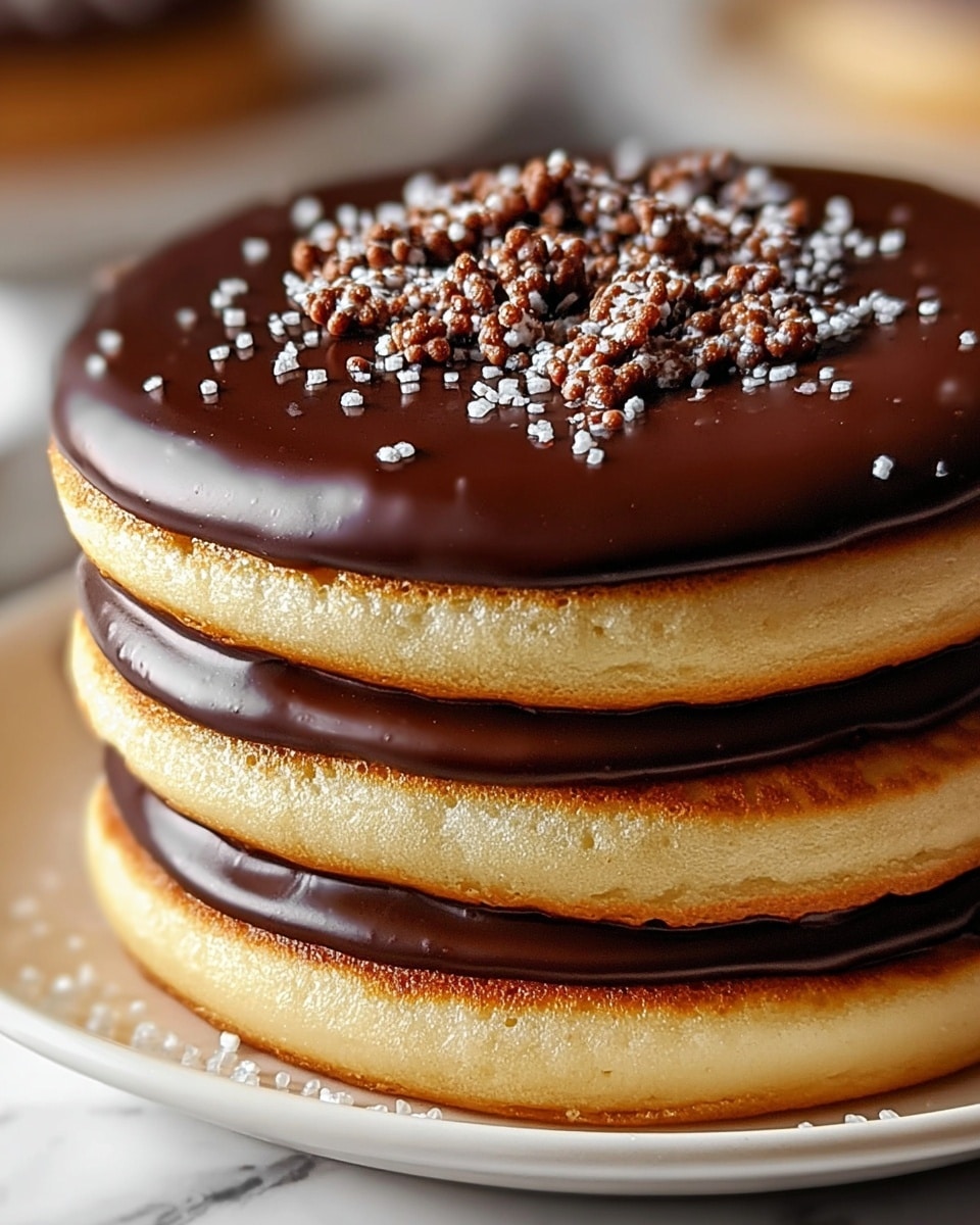 A close-up view of a stack of three thick, round pancakes, each pancake separated by a smooth, shiny layer of dark chocolate glaze. The top pancake is fully covered with the same glossy chocolate glaze, and the center is decorated with small, textured chocolate pieces and sprinkled with white sugar crystals. The pancakes have a golden-brown edge with a soft, light beige interior. They sit on a white plate, which rests on a white marbled surface. The image is sharp on the top pancake, slightly blurred towards the bottom and background, photo taken with an iphone --ar 4:5 --v 7