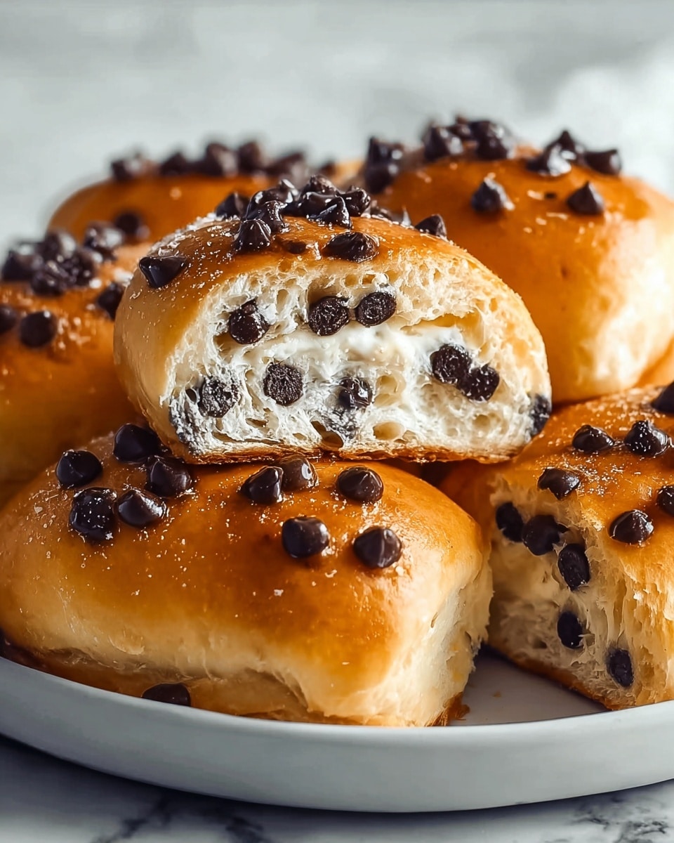 The image shows a white plate filled with several golden-brown baked bread rolls each cut in half. The bread is soft and fluffy with a light crust and has a creamy white layer inside, embedded with a generous amount of small dark chocolate chips. The tops of the rolls are shiny and decorated with more dark chocolate chips scattered evenly. The background features a white marbled texture. photo taken with an iphone --ar 4:5 --v 7
