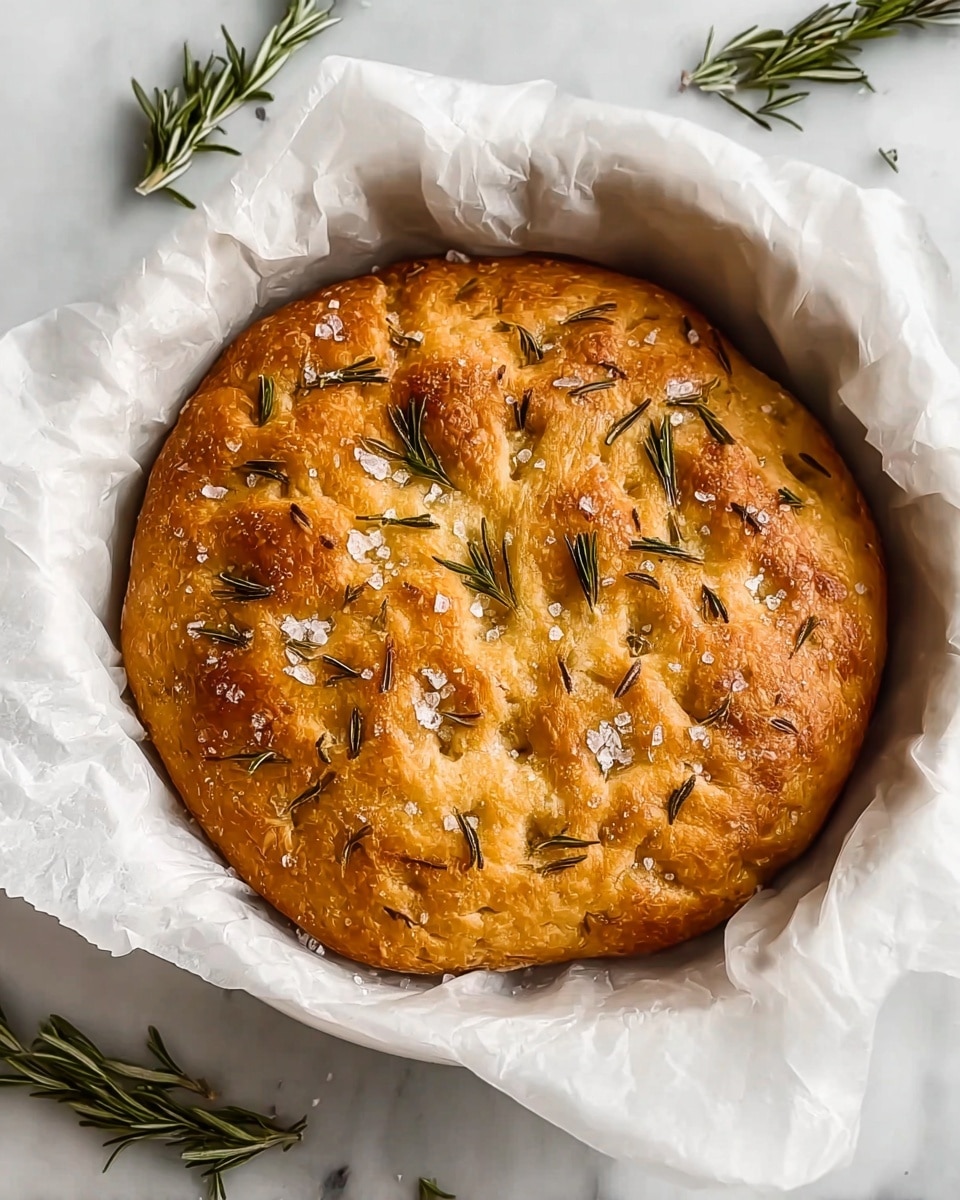 A round focaccia bread with a golden-brown crust sits inside white parchment paper, showing a slightly puffy texture with some small cracks on the surface. The bread is topped with coarse salt crystals and scattered green rosemary leaves. The focaccia is in a white container on a white marbled surface, with a few extra rosemary sprigs placed around it. The lighting highlights the warm tones and the rough texture of the salt and herbs. Photo taken with an iphone --ar 4:5 --v 7