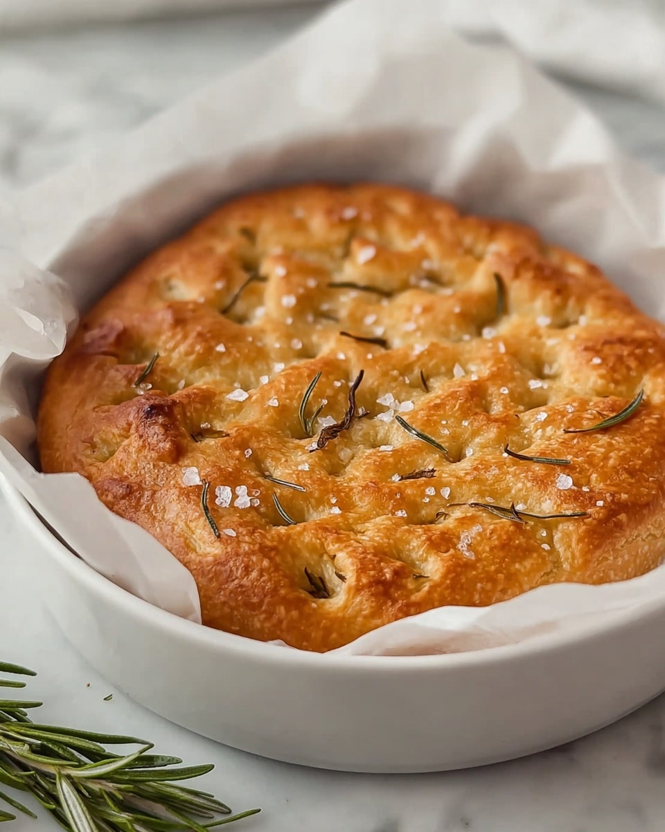 A round, golden-brown focaccia bread sits in a white bowl lined with white parchment paper, showing a slightly rough and crispy texture on top. The surface is sprinkled with coarse white salt flakes and small pieces of green rosemary leaves, adding a touch of contrast and detail. The bread appears thick and well-risen, with some gentle dimples and uneven bumps creating a rustic look. The bowl rests on a white marbled surface with a sprig of fresh rosemary nearby, enhancing the fresh and homemade feel of the scene. photo taken with an iphone --ar 4:5 --v 7